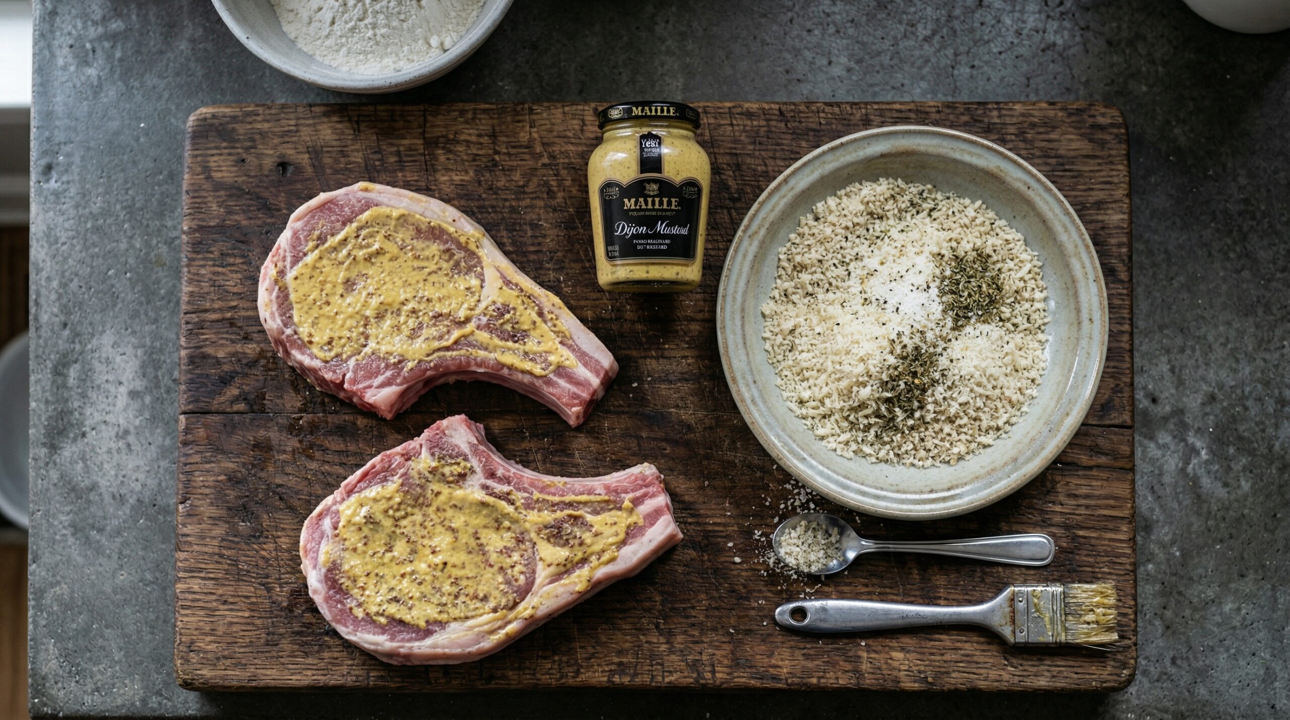 Thick, raw bone-in pork chops heavily brushed with bright yellow Dijon mustard resting next to a dish of seasoned breadcrumbs and Parmesan cheese