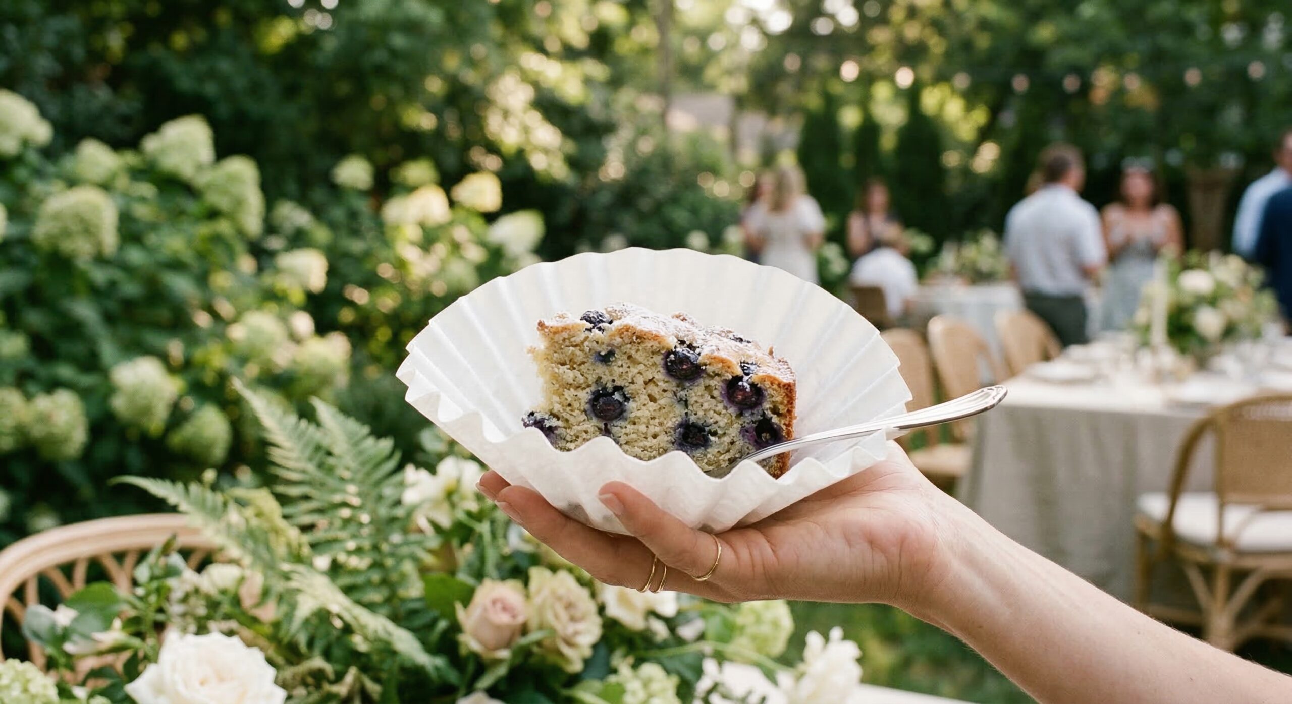 A thick slice of blueberry loaf cake served in a white paper coffee filter sleeve