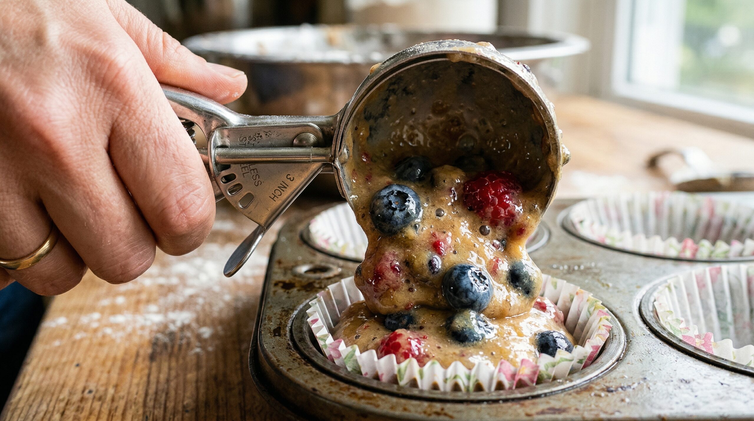 Macro detail of a stainless steel ice cream scoop actively releasing a perfectly uniform, thick mound of berry-studded muffin batter into a metal muffin tin