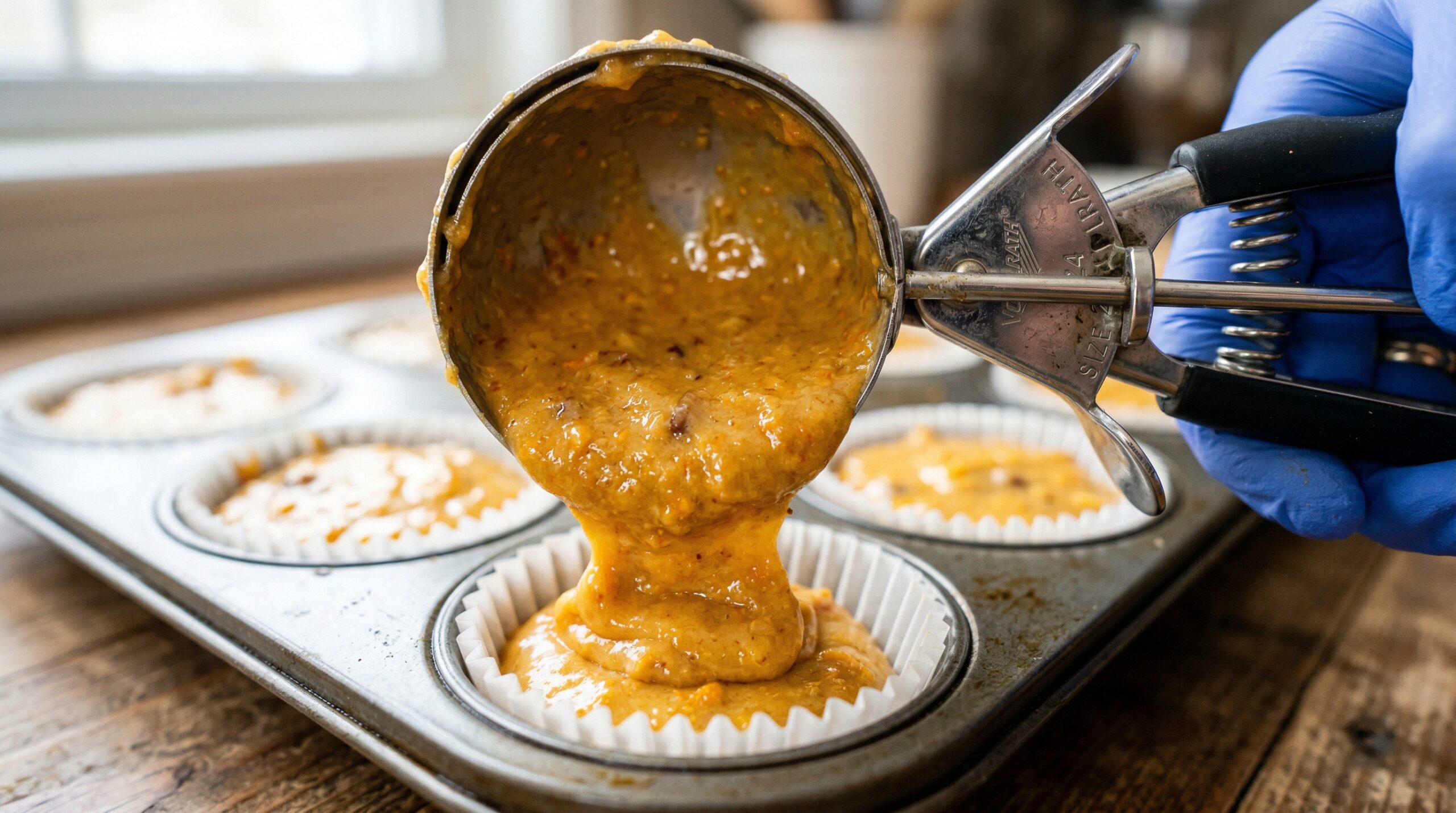 Macro detail of a heavy-duty stainless steel ice cream scoop releasing uniform muffin batter into a paper-lined metal tin