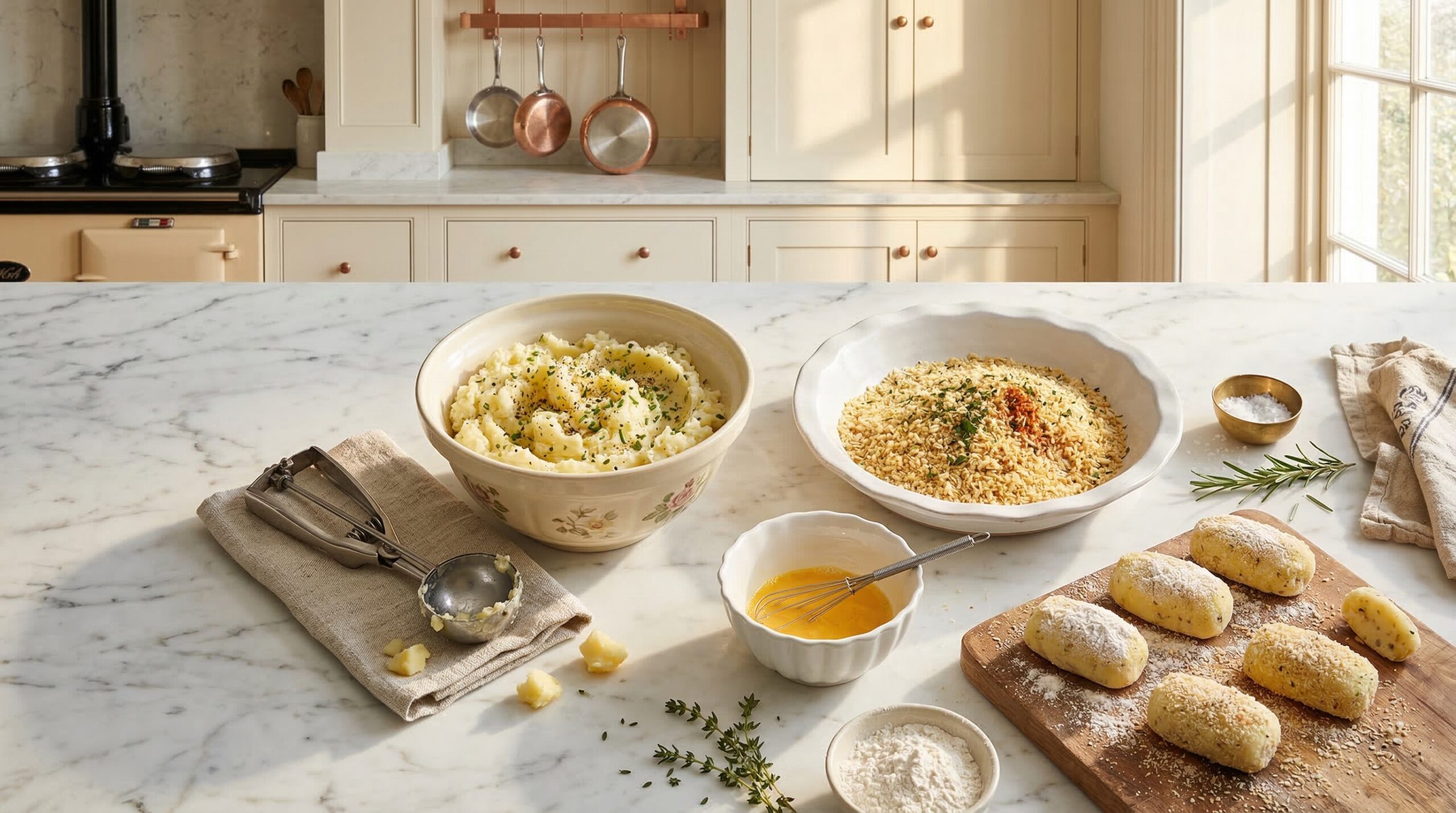 Preparation of potato croquettes using an ice cream scoop and breadcrumbs