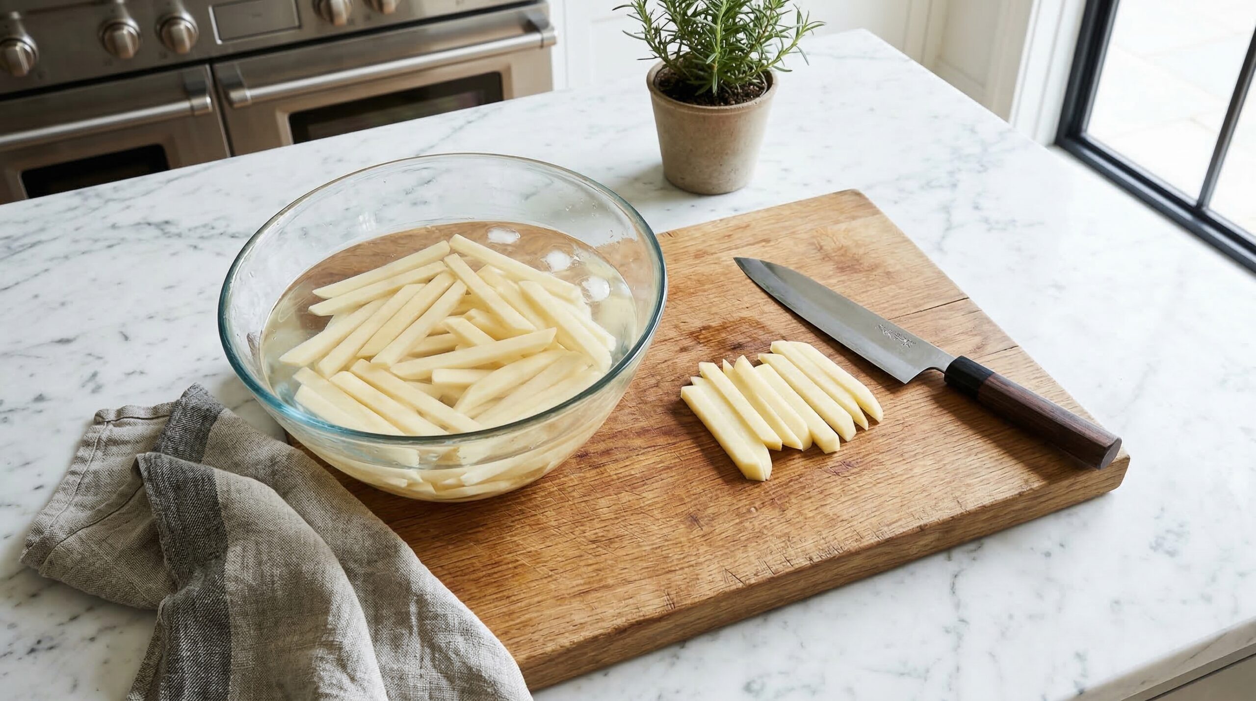 Preparing classic French fries with a double-fry technique