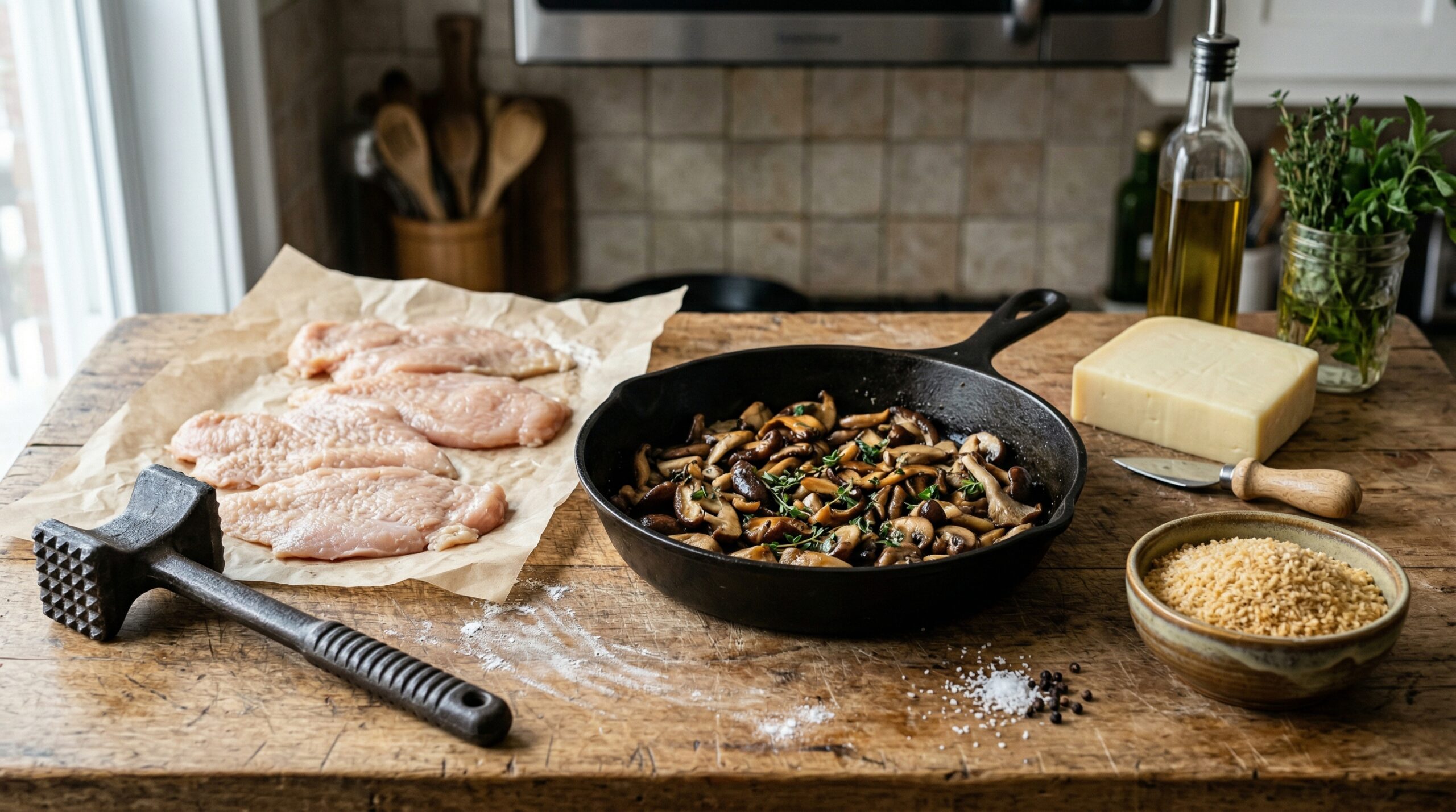 A heavy metal meat mallet resting next to flattened, pounded chicken breasts on parchment paper with wild mushrooms and Panko breadcrumbs nearby