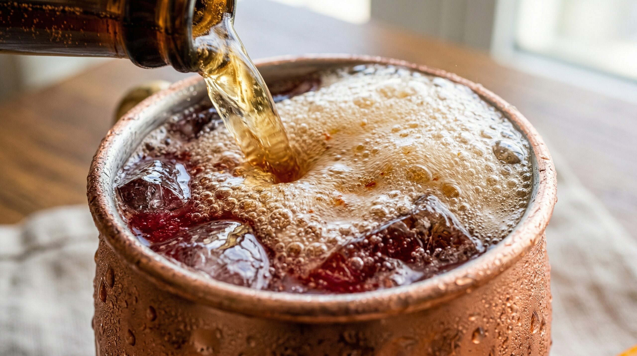 Macro detail of highly effervescent ginger beer pouring into a copper mug over cracked ice and deep ruby-red blood orange juice