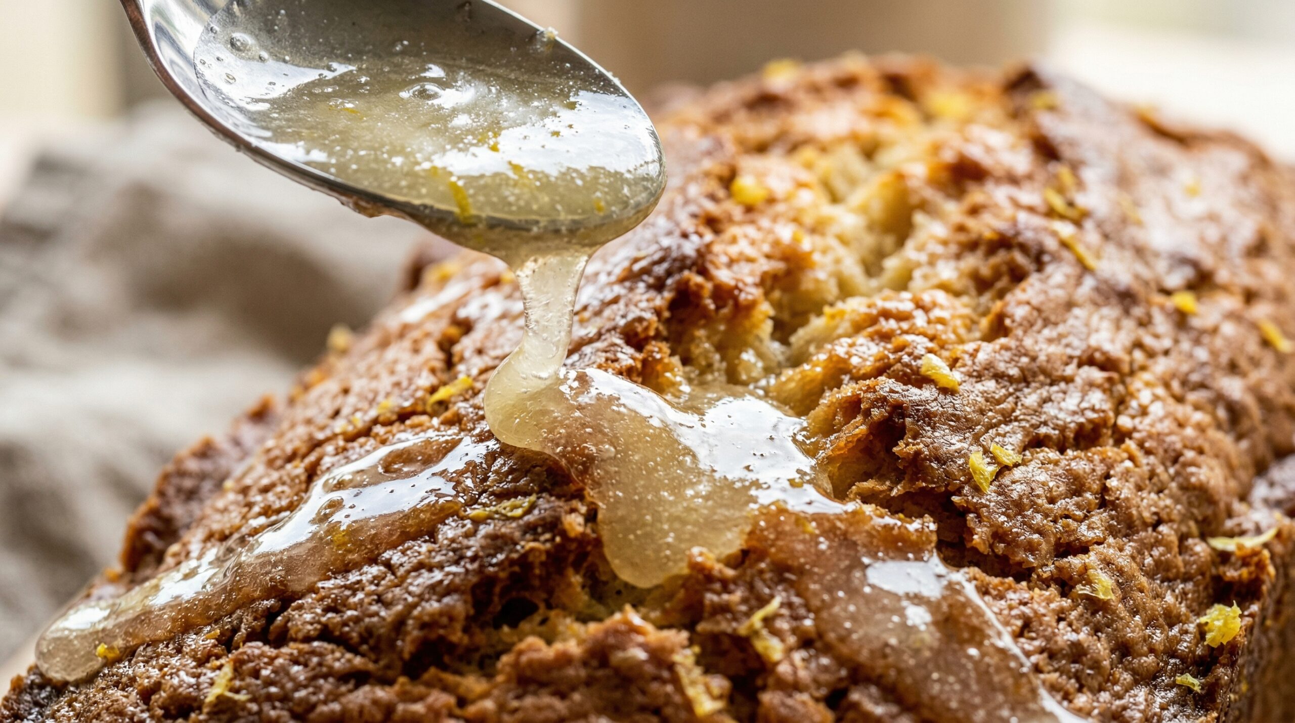 Macro detail of a thick, glossy icing made of confectioners' sugar and fresh Meyer lemon juice being poured over the cracked crust of a freshly baked loaf cake