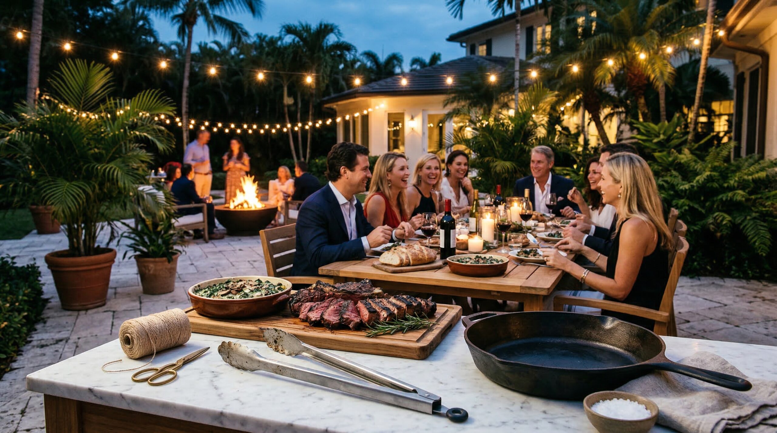 Balmy Florida estate terrace gathering for eight featuring grilled cap steaks and creamed spinach