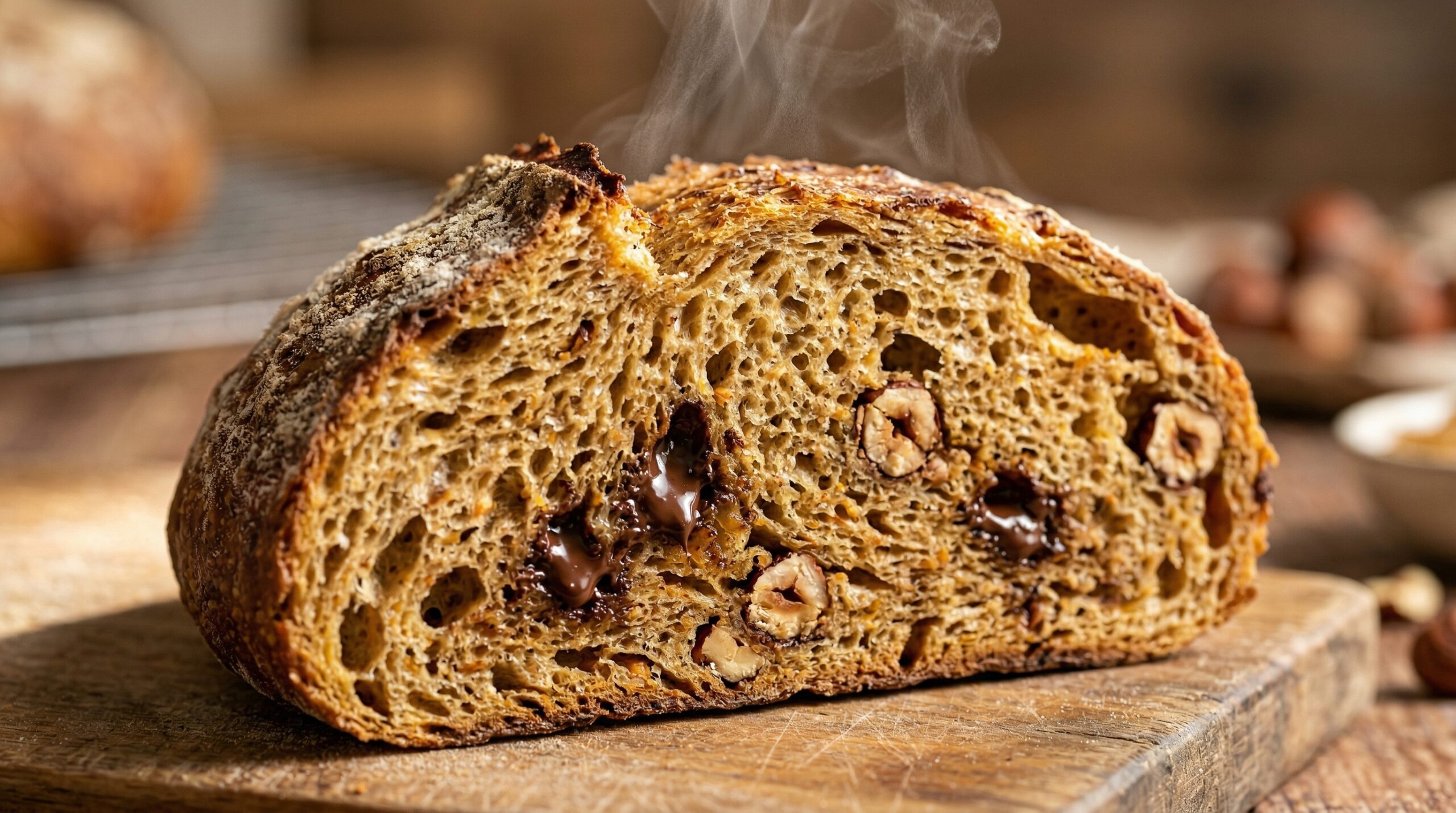 Macro detail of sliced chocolate pumpkin bread revealing hazelnuts and an airy yeast crumb