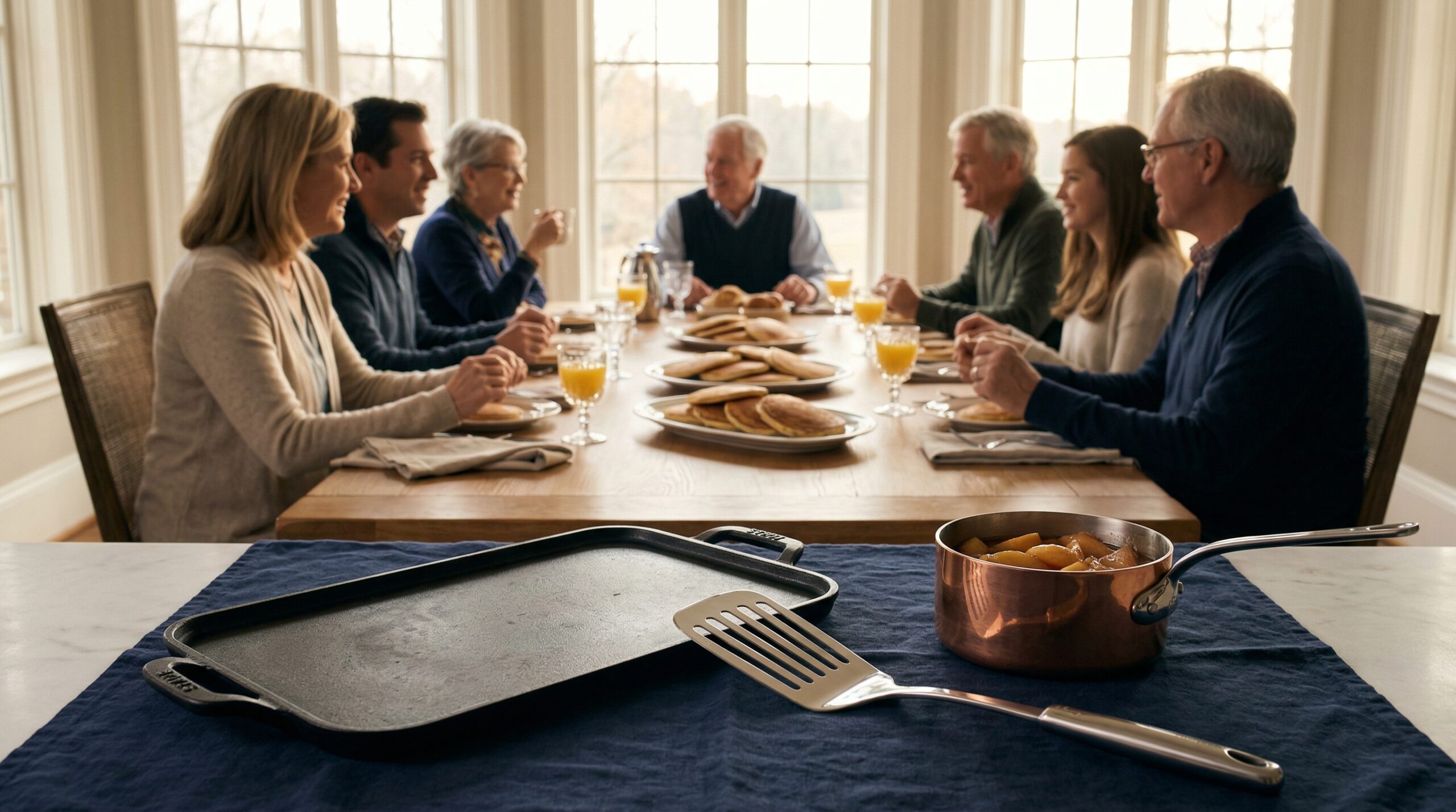 Quiet morning estate breakfast for eight featuring stacks of pumpkin griddle cakes and fresh morning light