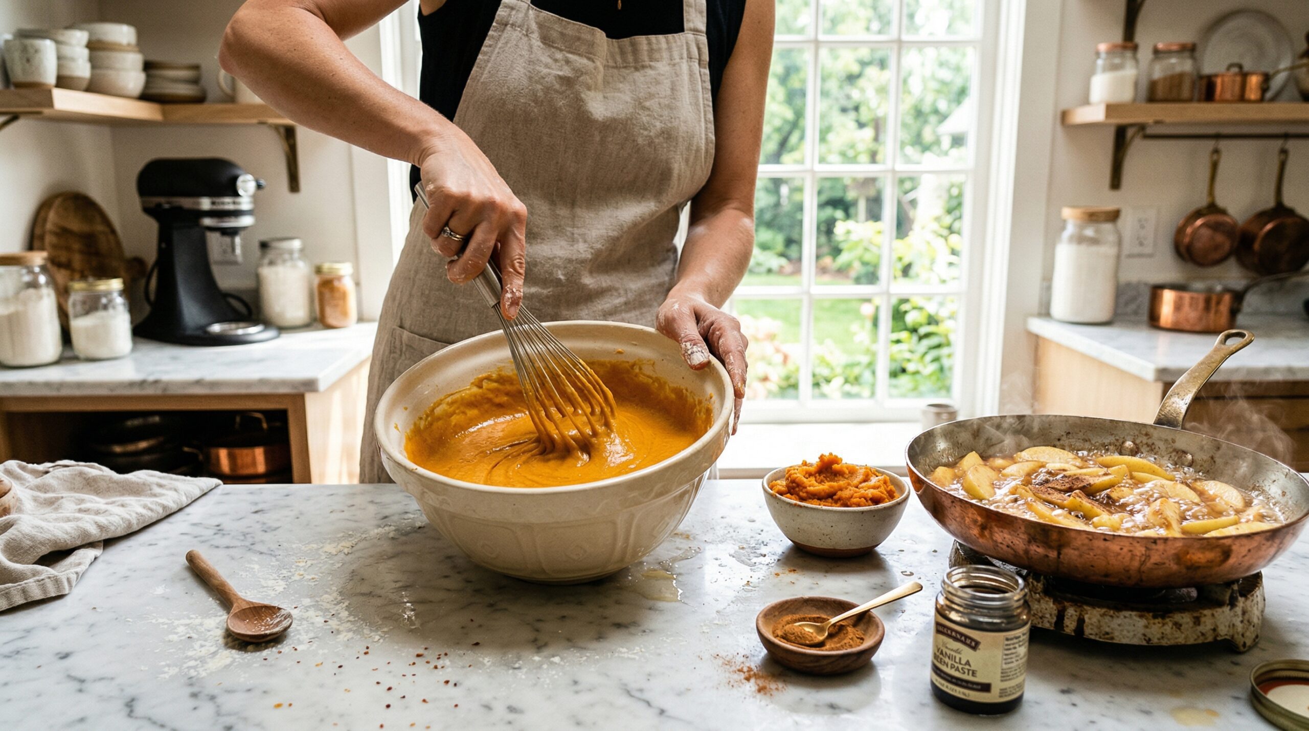 Technical preparation of pumpkin griddle cake batter next to a skillet of simmering syrupy apples