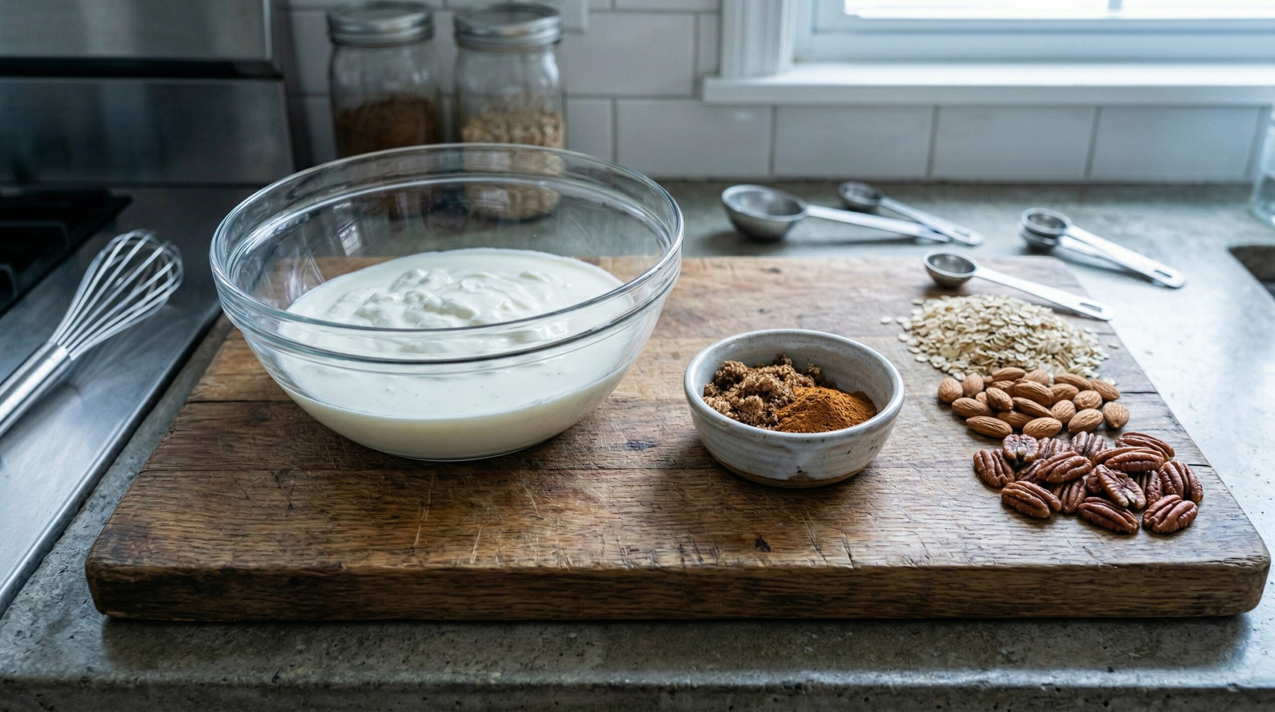 A heavy glass mixing bowl filled with thick white Greek yogurt and half-and-half resting next to a dish of aromatic pumpkin pie spice and dark brown sugar