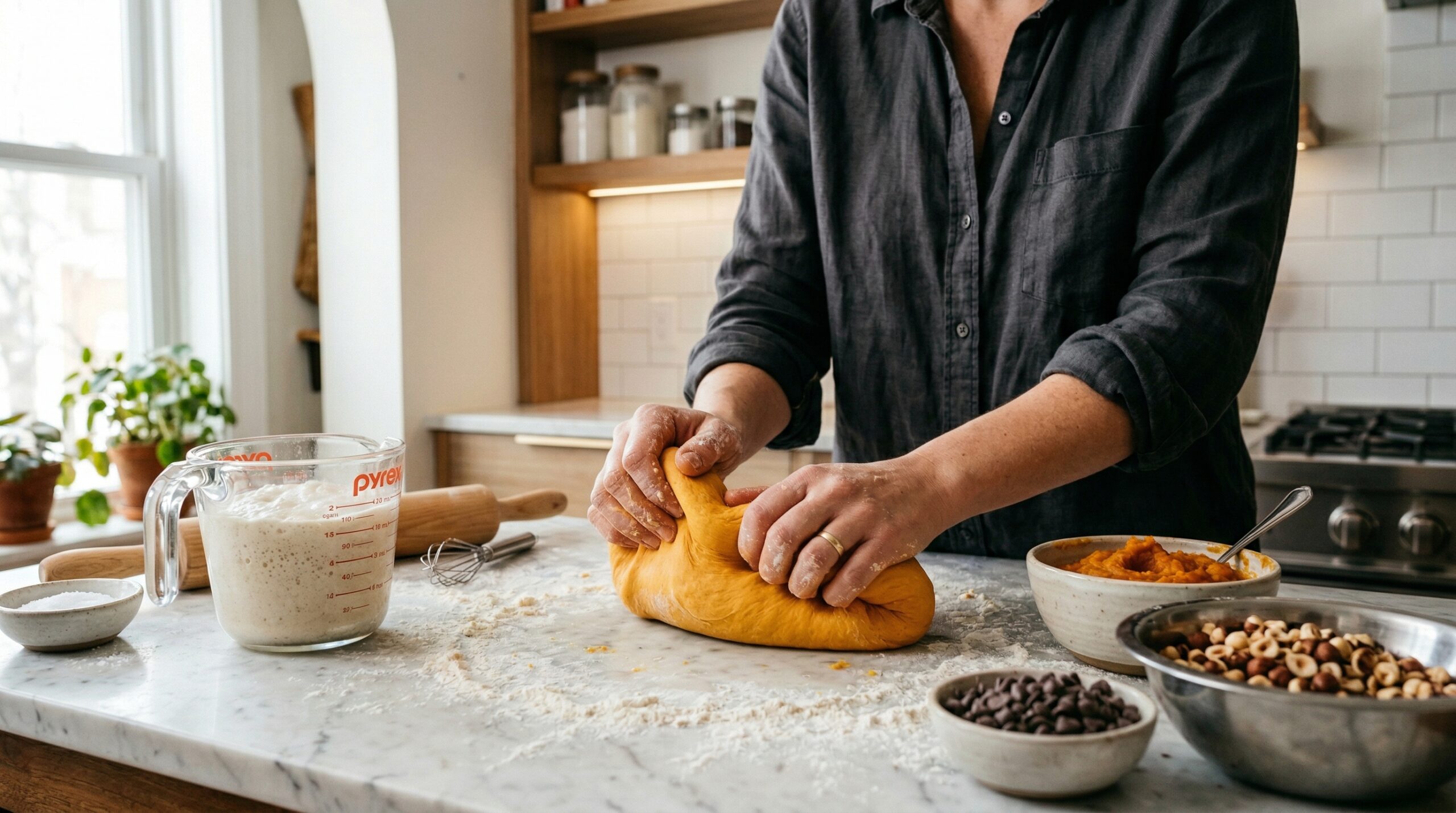 Technical kneading of enriched pumpkin yeast dough on a marble prep surface
