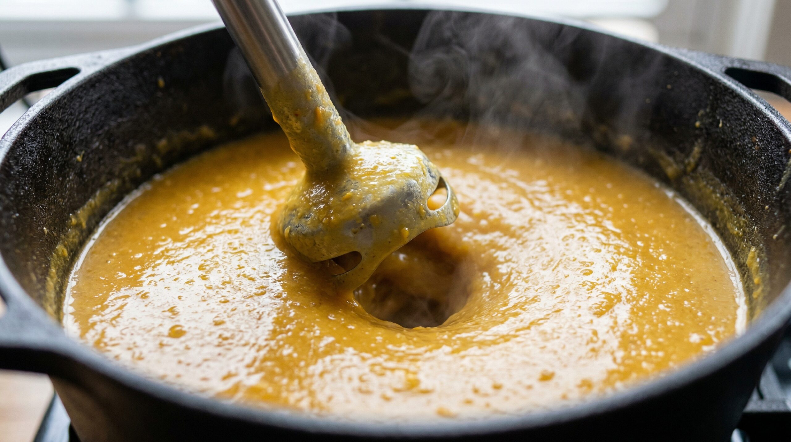 Macro detail of an immersion blender submerged in a heavy cast-iron soup pot, actively pureeing softened butternut squash and chicken broth into a smooth, opaque liquid