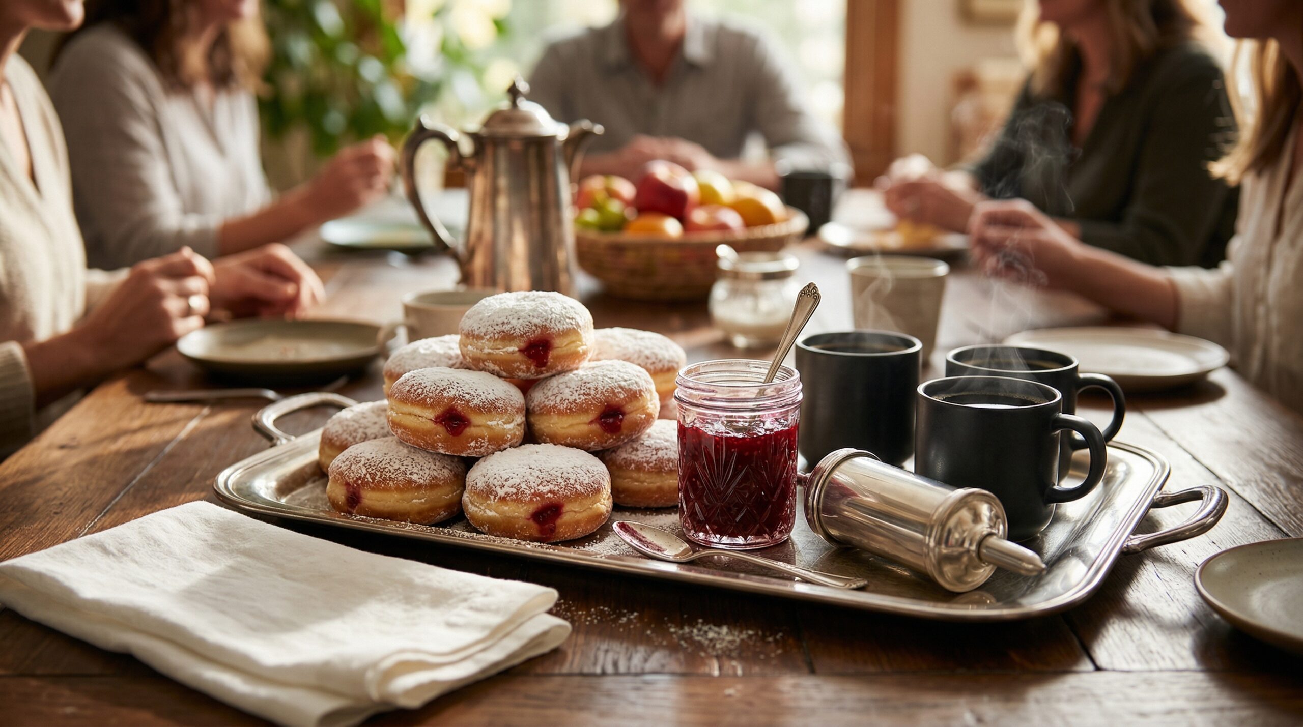 A polished silver serving tray holding powdered jelly donuts, crystal jam jar, and steaming coffee