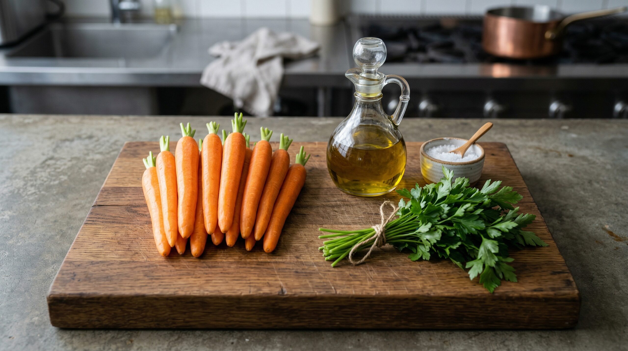 Peeled, vibrant orange whole carrots resting next to a heavy glass cruet filled with golden extra virgin olive oil, coarse kosher salt, and fresh parsley
