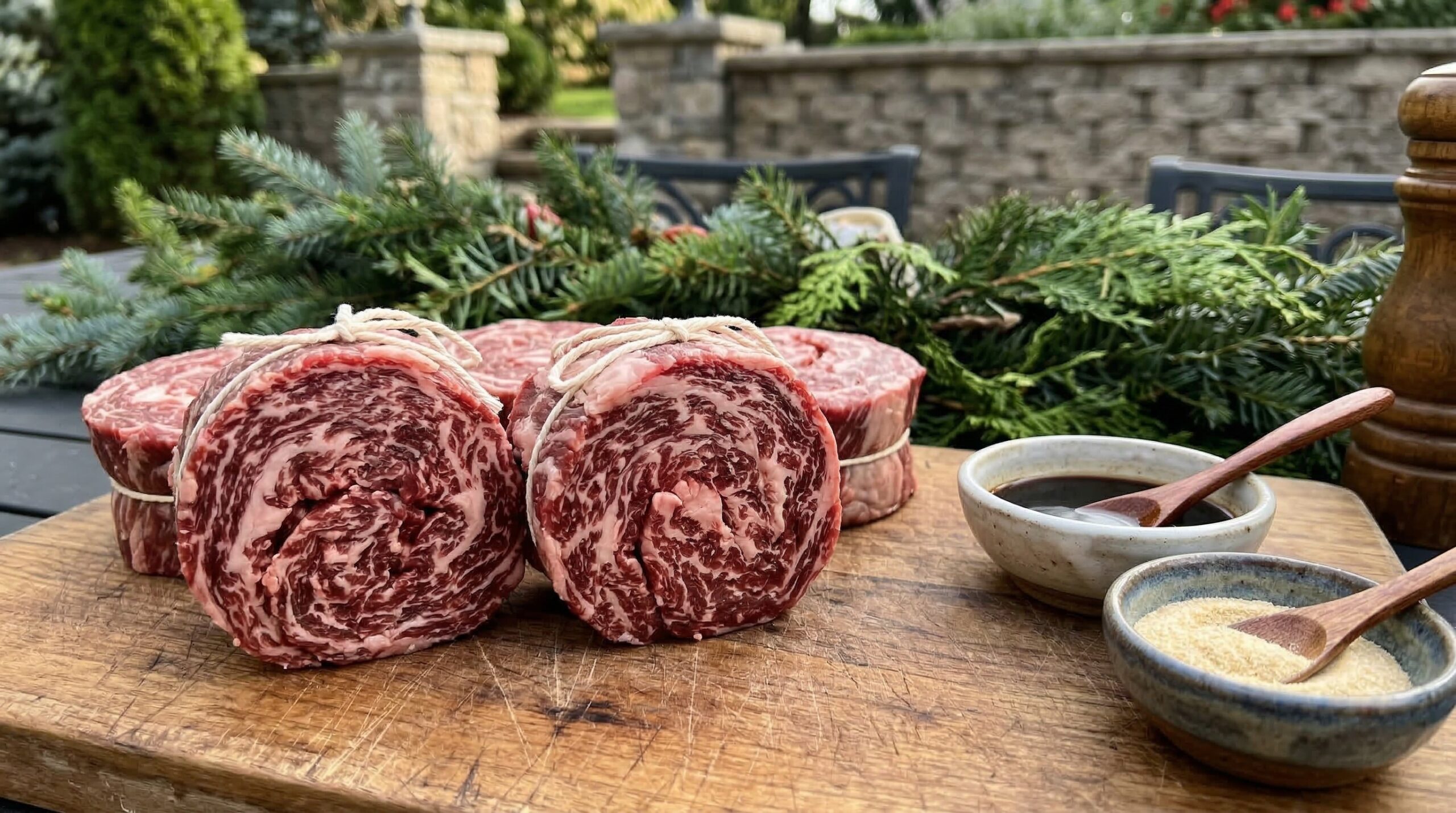 Raw, marbled Prime Cap Steaks rolled and tied with butcher twine for uniform grilling