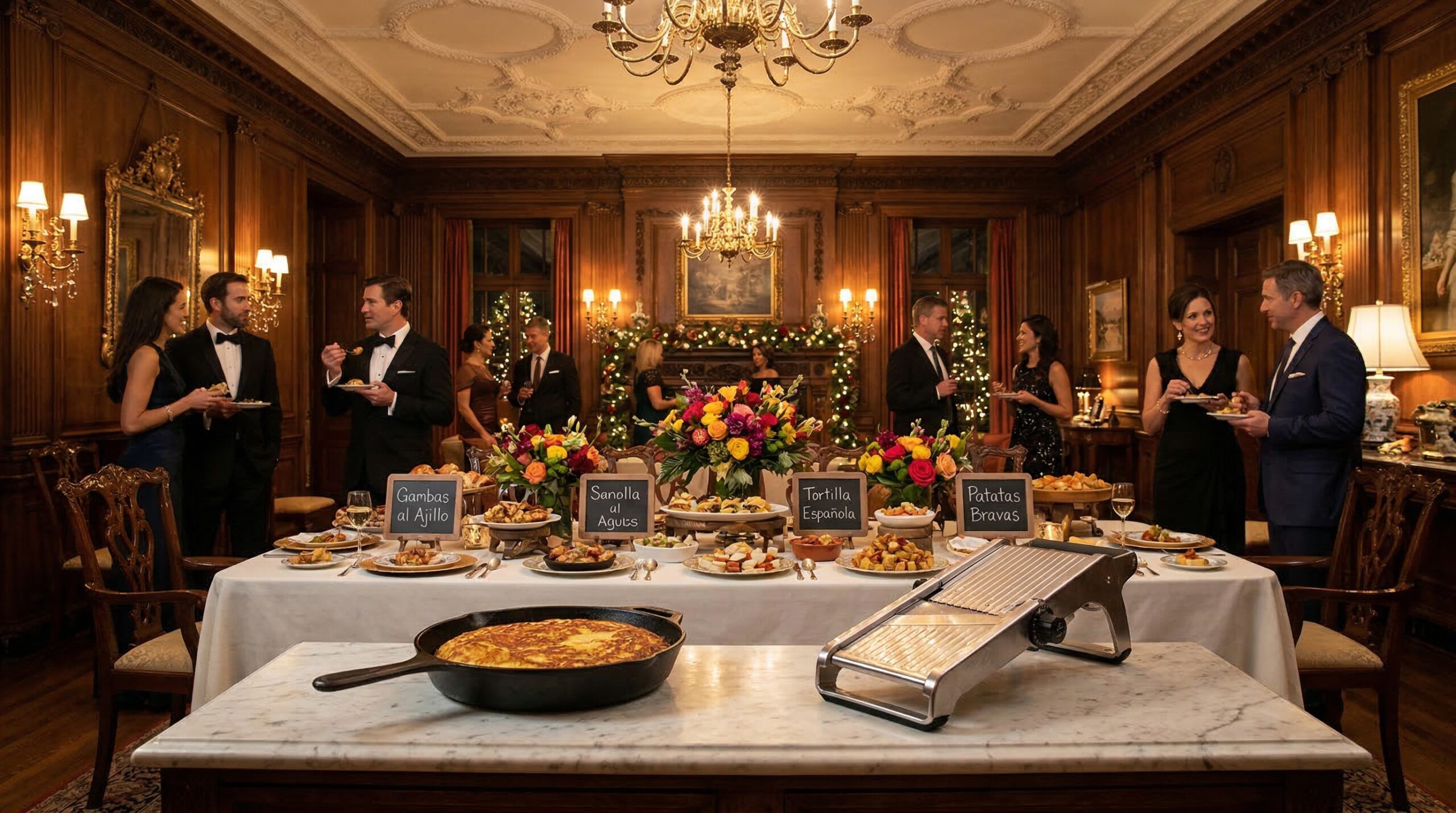 Glamorous estate tapas buffet for eight featuring vibrant flowers, slateidentifiers, and abundant small plates