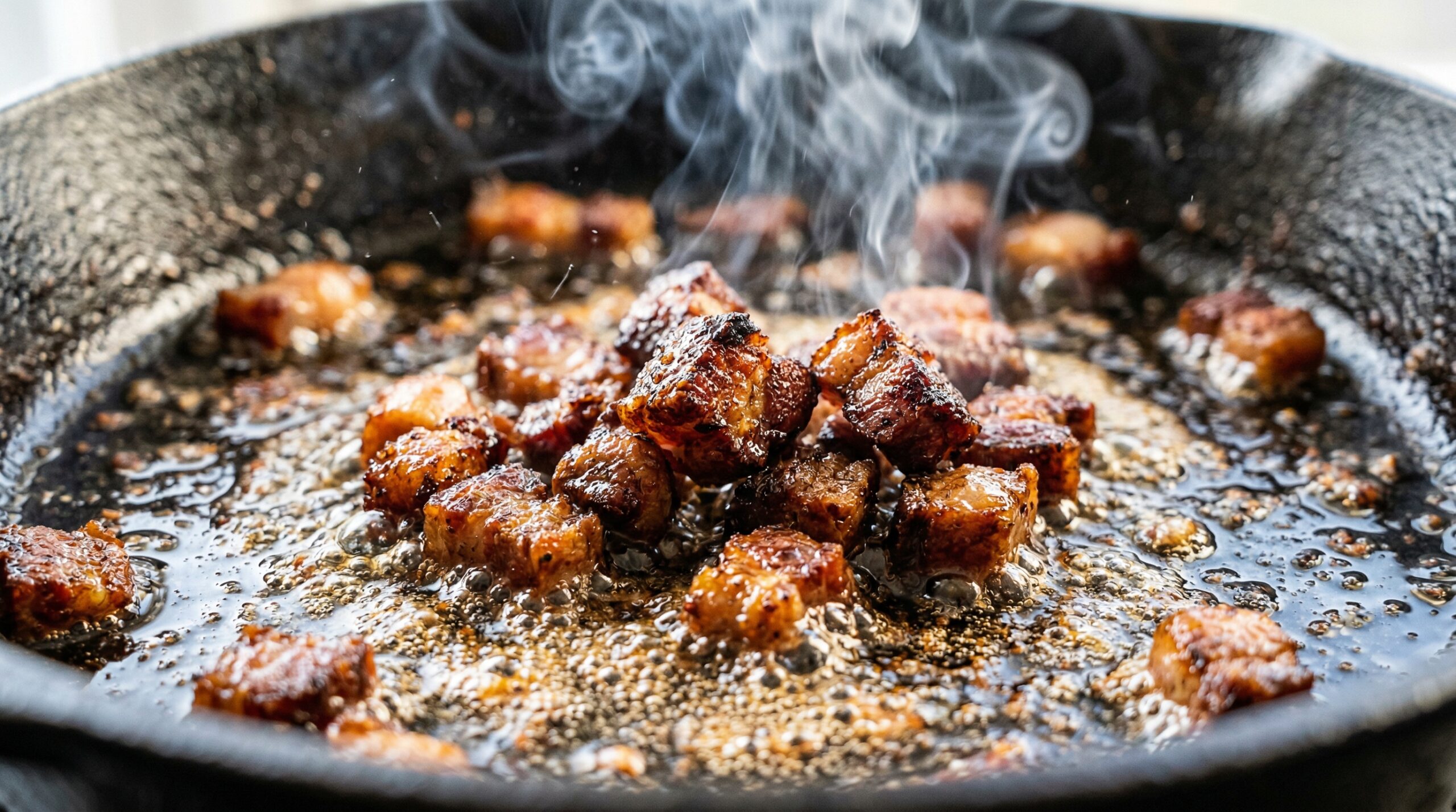 Macro detail of small cubes of salty Italian pancetta aggressively searing and rendering their fat into a shimmering, golden pool of hot olive oil
