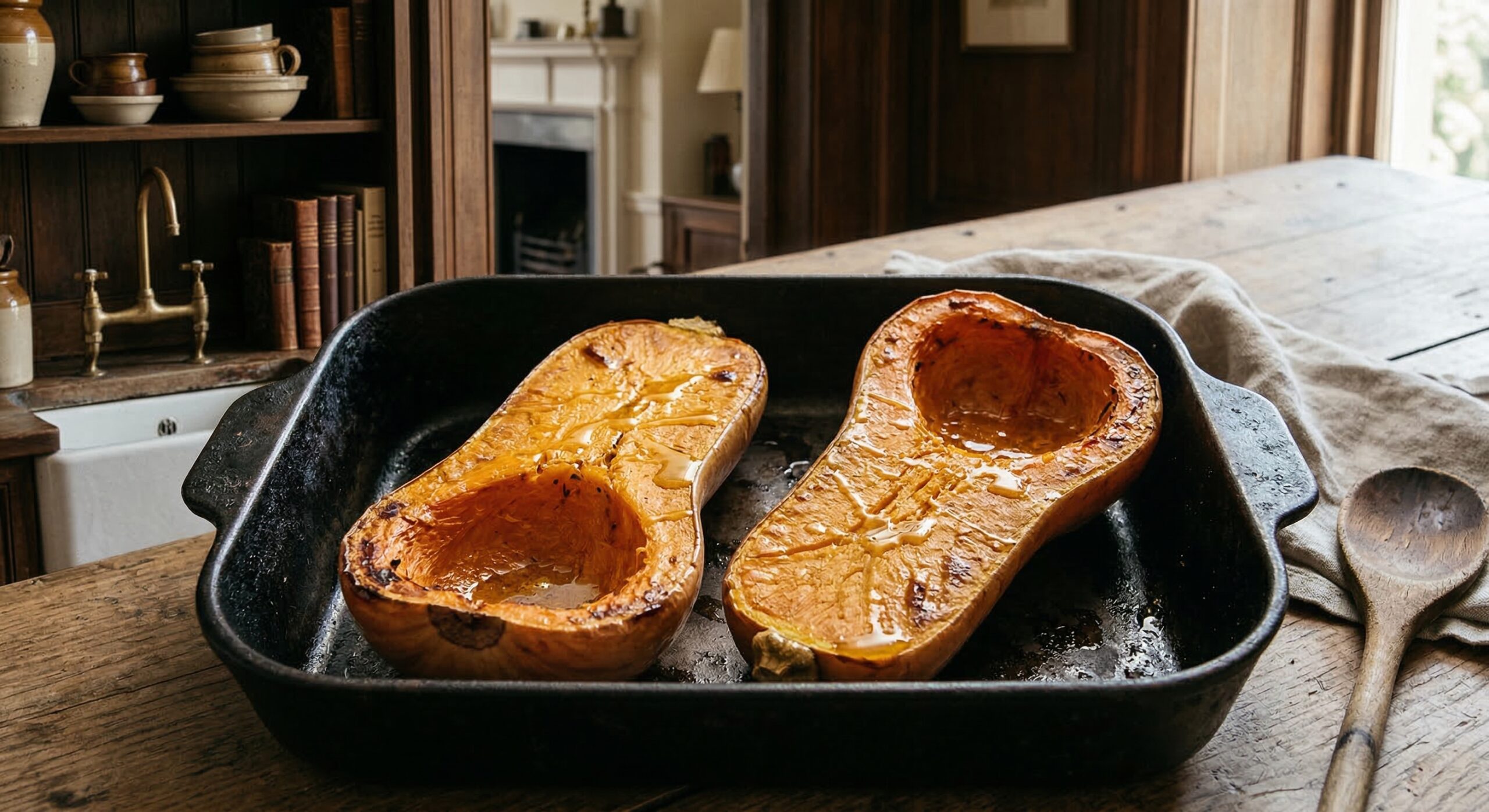Halved butternut squash roasting cut-side down on a baking sheet to concentrate sugars