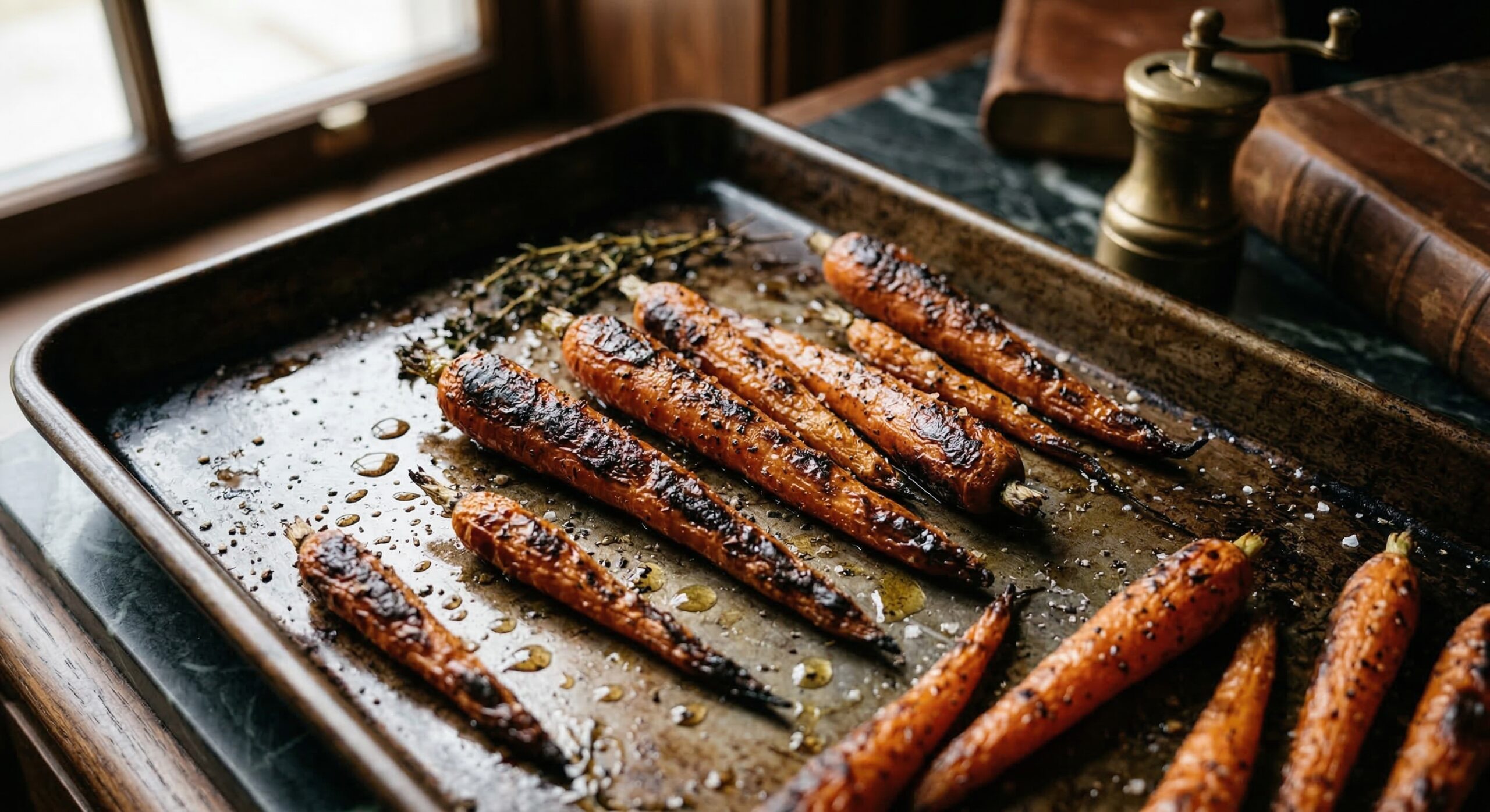 Whole carrots roasted to a dark, caramelized char on a baking sheet