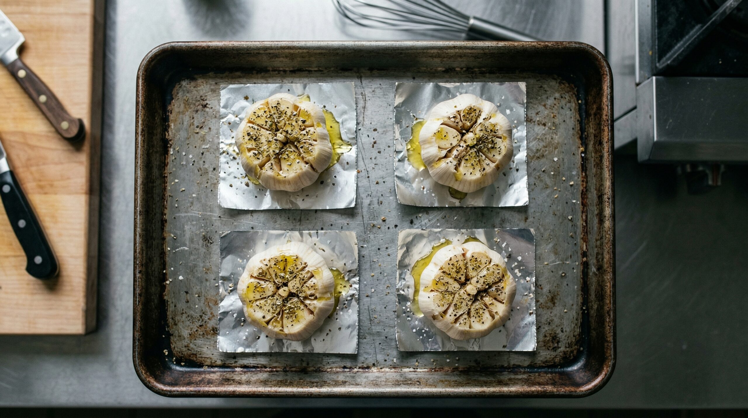 Whole heads of garlic with exposed cloves glistening with olive oil and spices, resting on foil squares on a heavy baking sheet