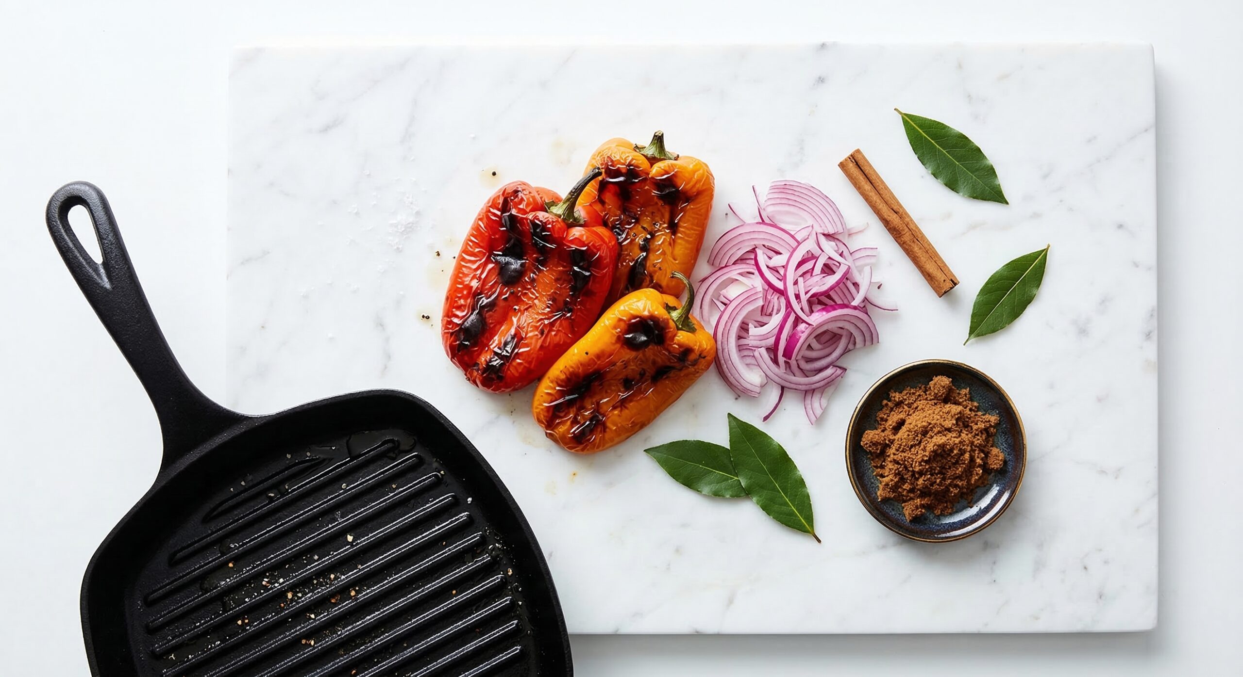 Blistered, charred red and orange peppers being prepped for the chutney foundation