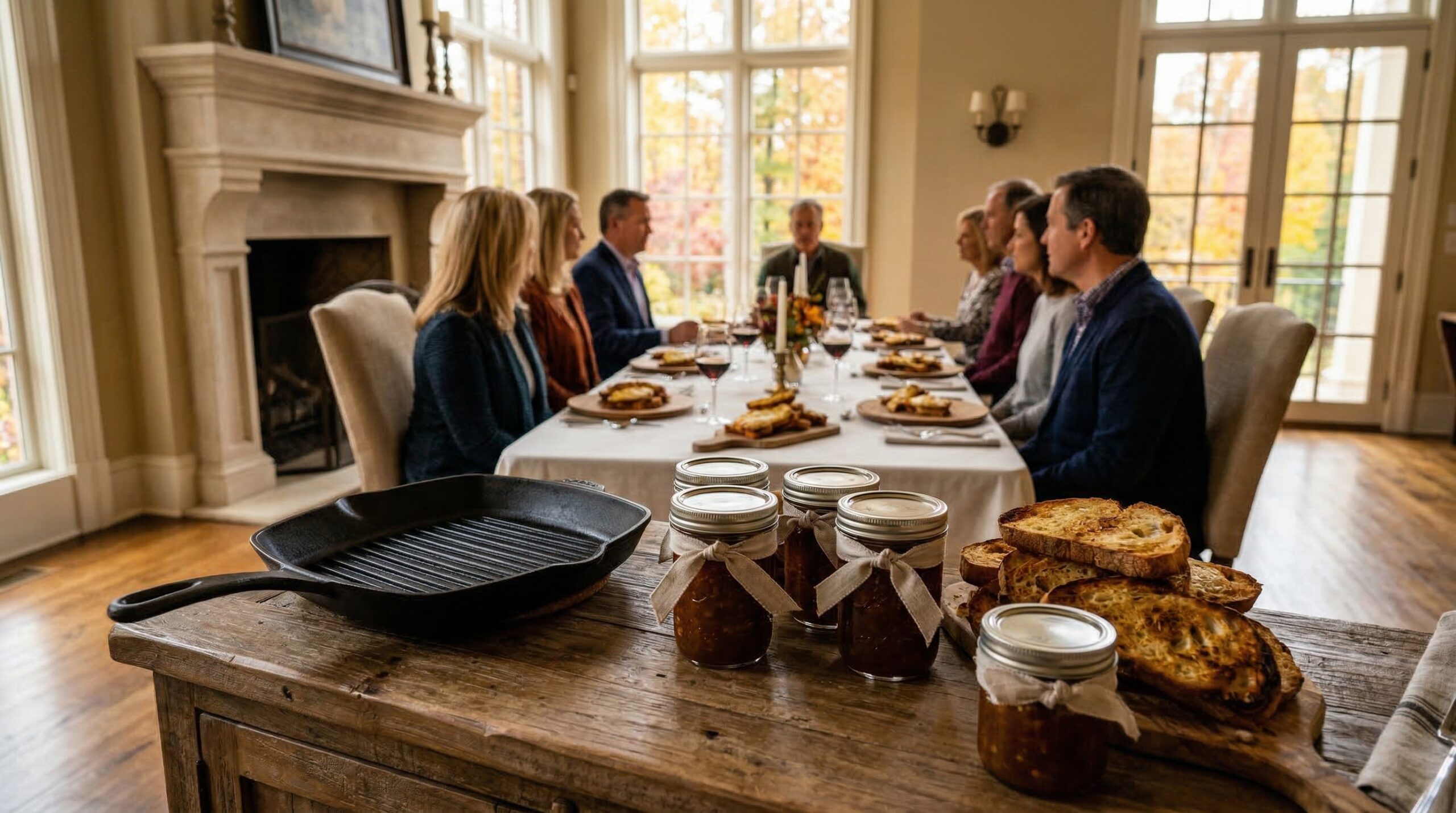 Brisk autumn afternoon gathering for eight featuring Welsh Rarebit and jars of roasted pepper chutney