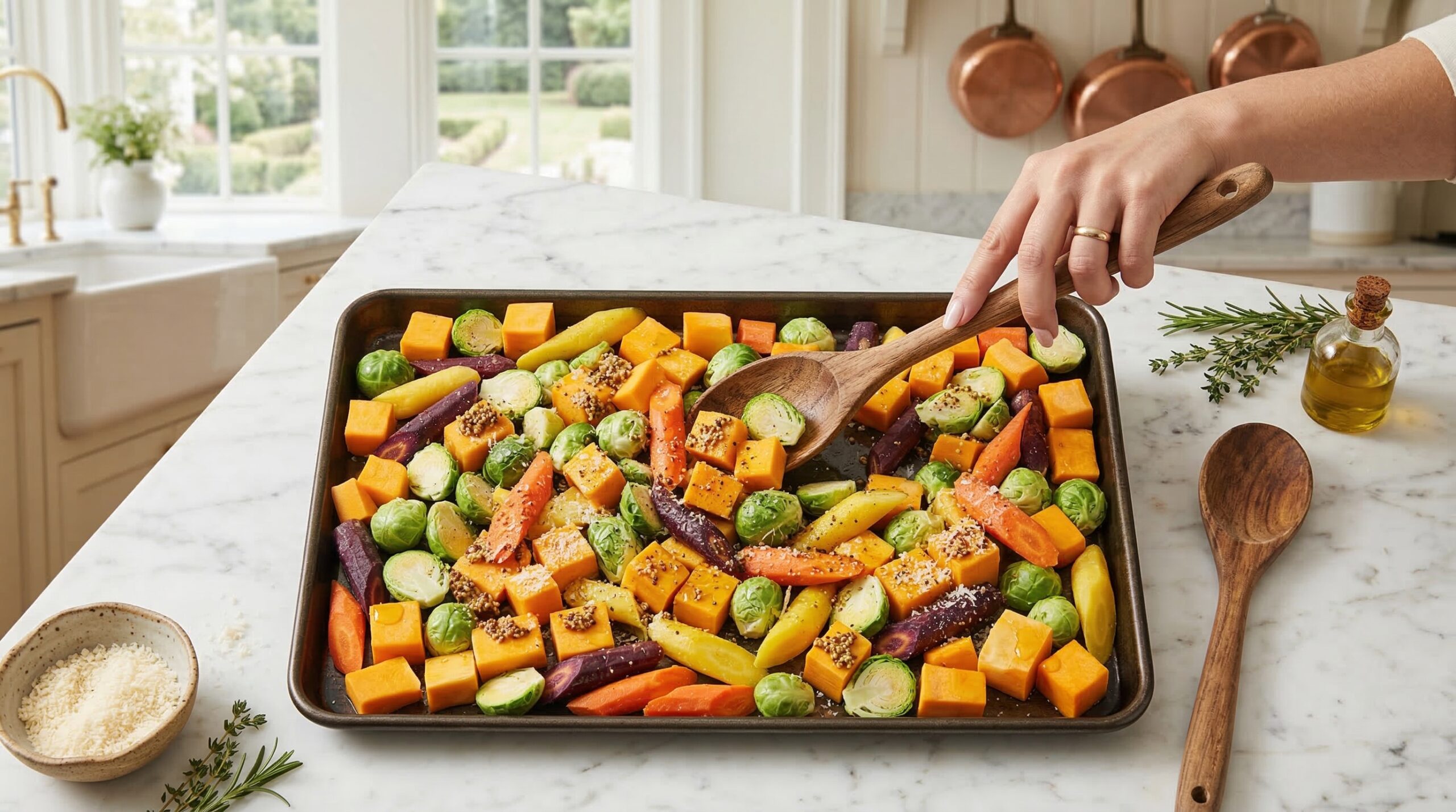 Vibrant winter root vegetables arranged on a large rimmed baking sheet for roasting