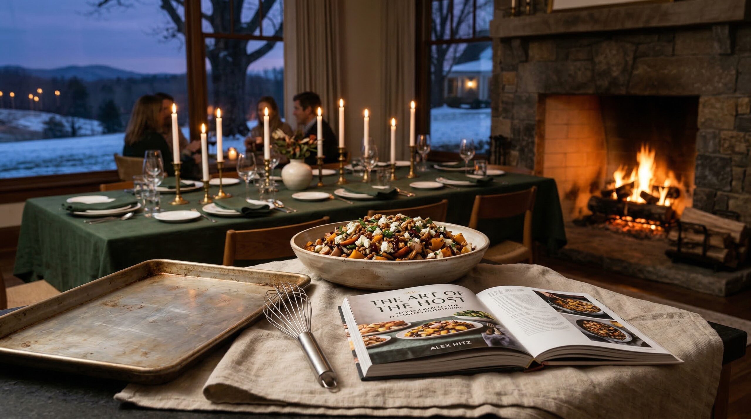 Cozy winter harvest supper for eight featuring warm roasted vegetable salad and glowing taper candles