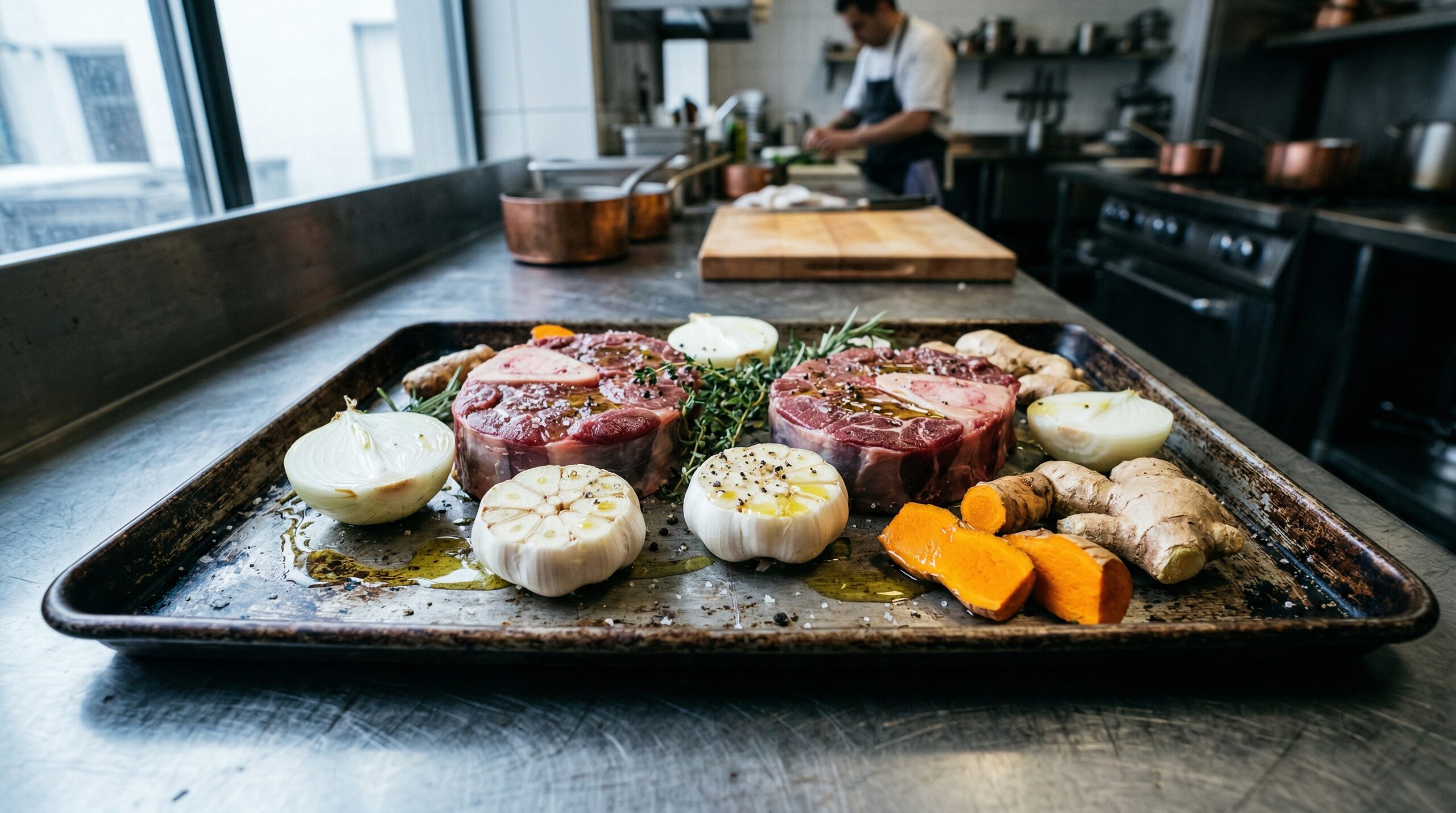 Thick beef shanks, halved white onions, whole heads of garlic, and rough-cut raw ginger glistening with olive oil on a heavy baking sheet