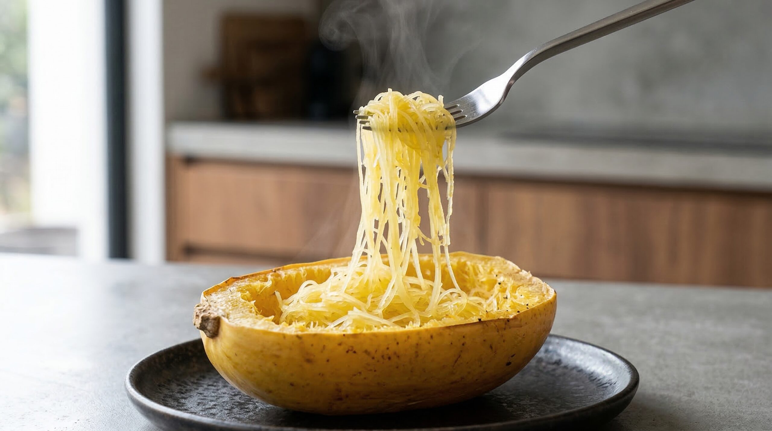 The technical process of fluffing tender spaghetti-like strands from a roasted squash boat