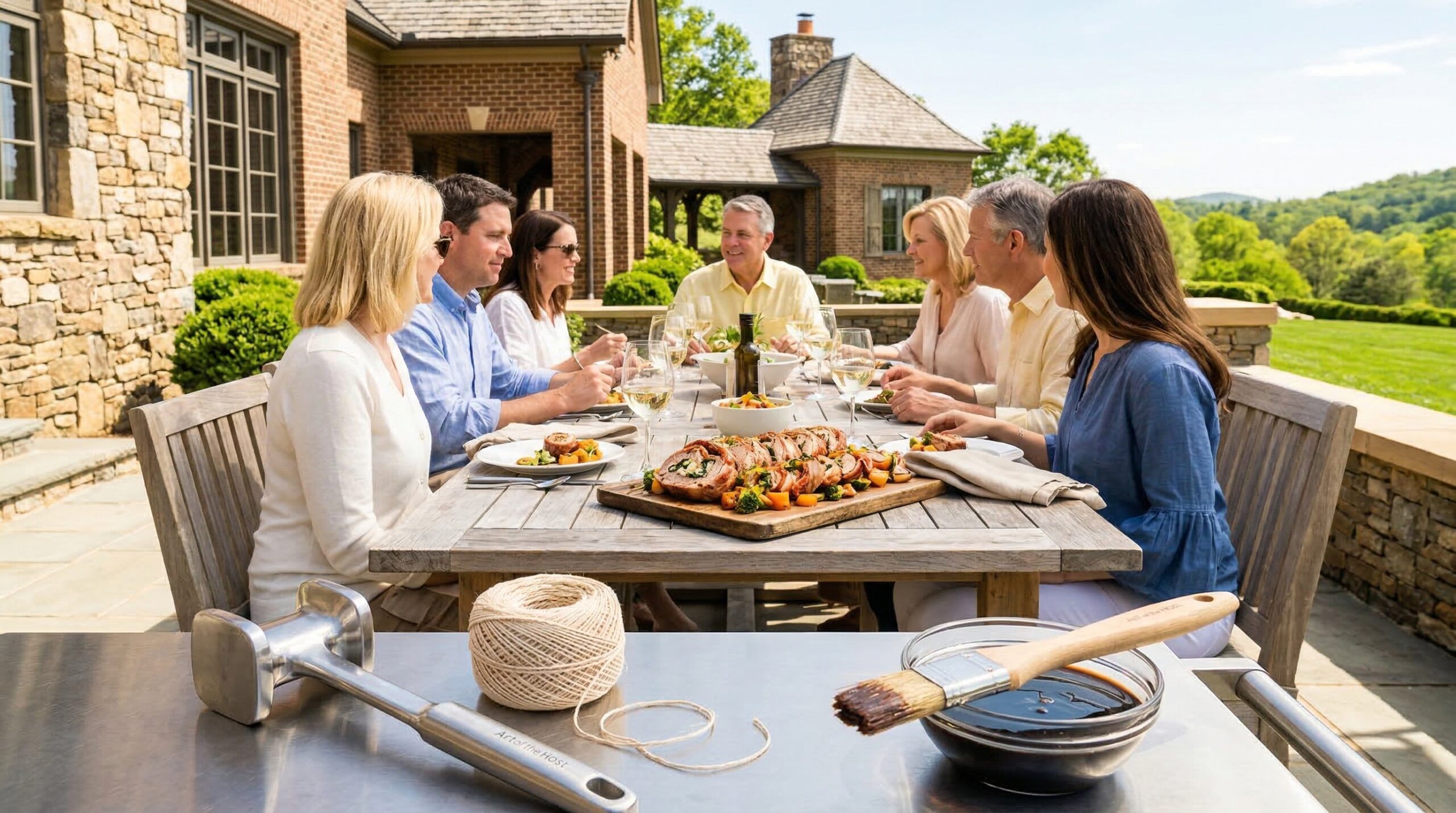 Spring estate terrace lunch for eight featuring sliced bacon-wrapped pork tenderloin pinwheels