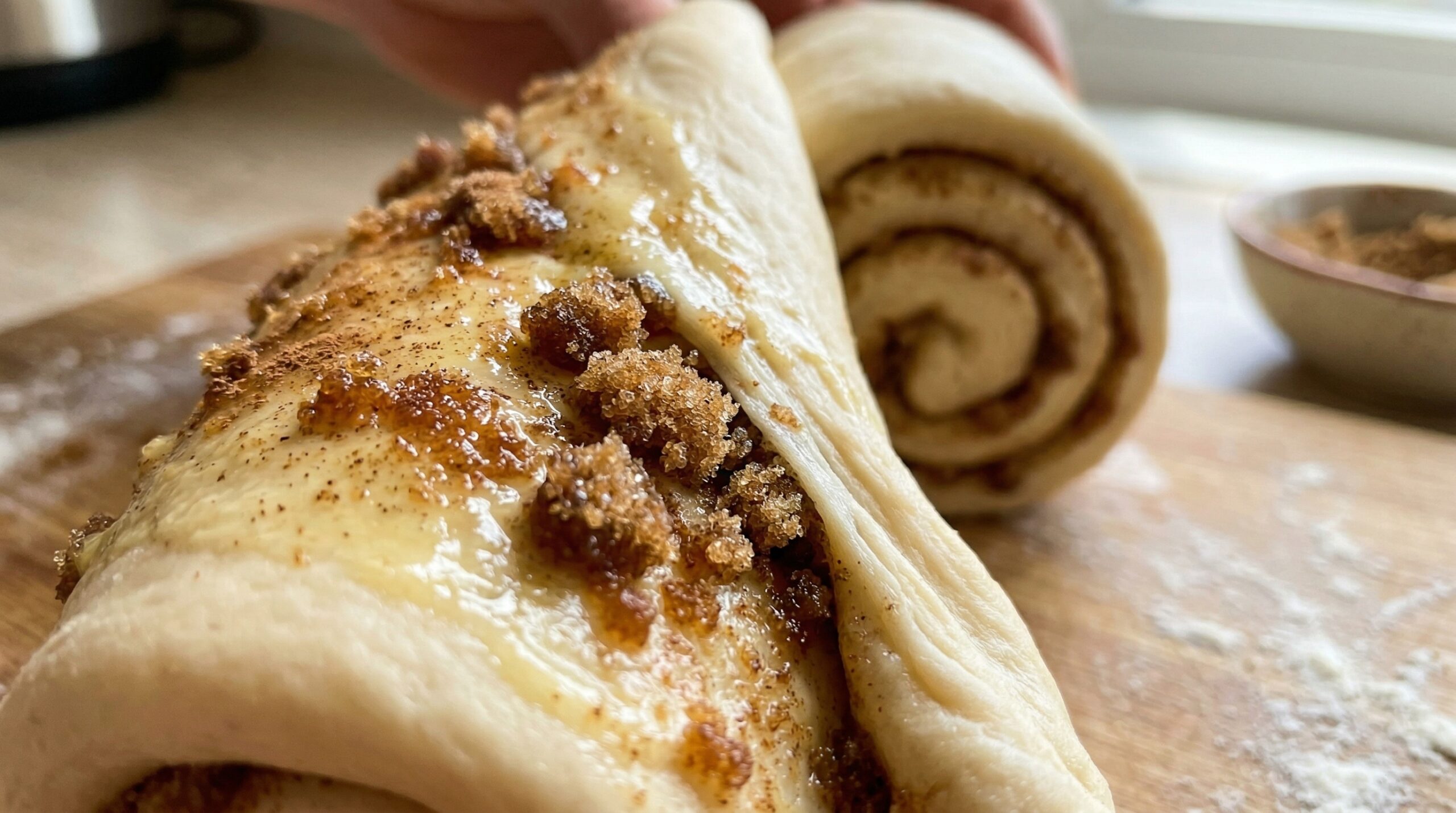 Macro detail of a highly elastic sheet of yeast dough heavily brushed with melted butter, dark brown sugar, and cinnamon being rolled tightly