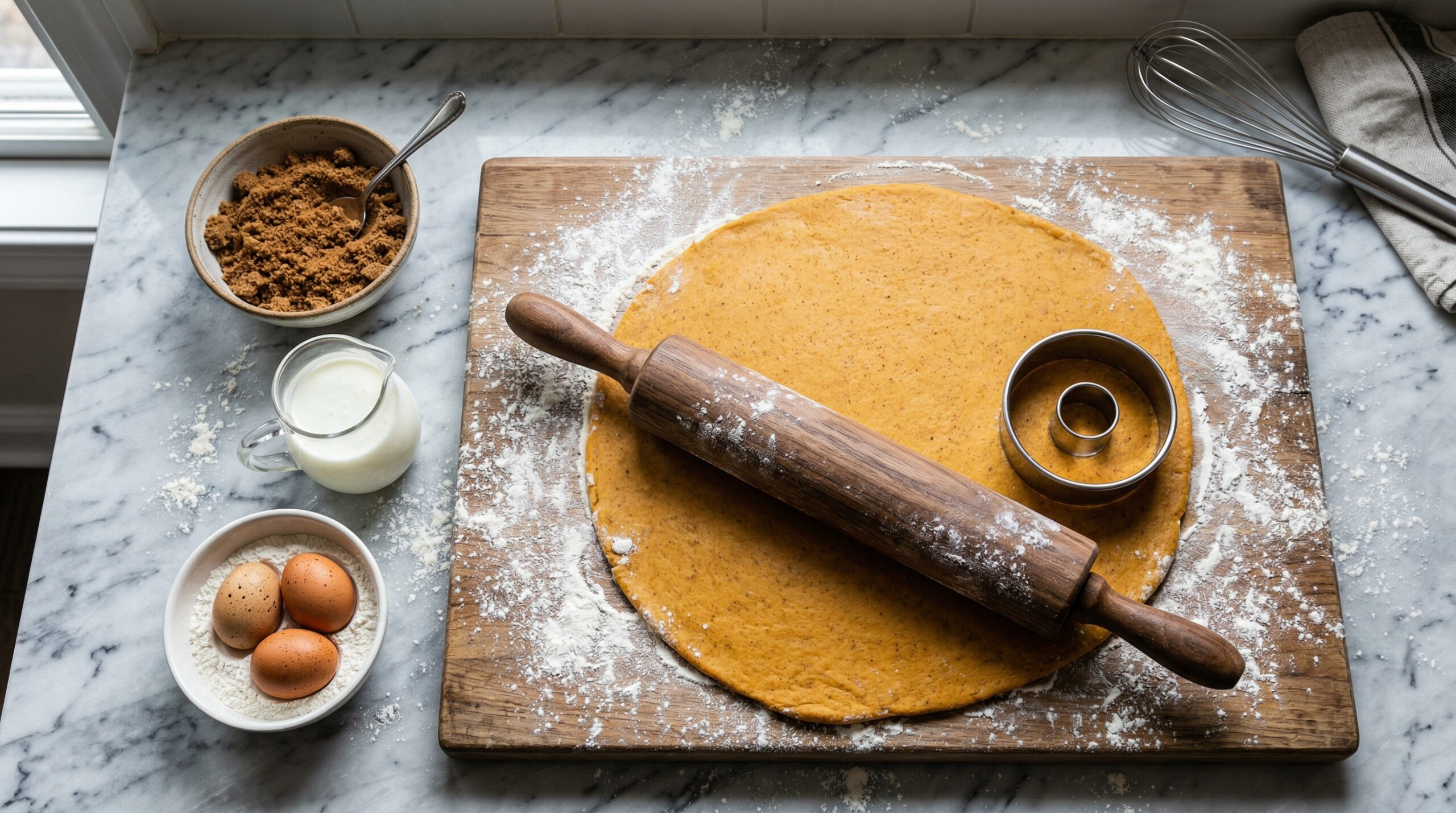 A heavy wooden rolling pin and stainless steel donut cutter resting on a marble counter next to a sheet of bright orange pumpkin-spiced dough