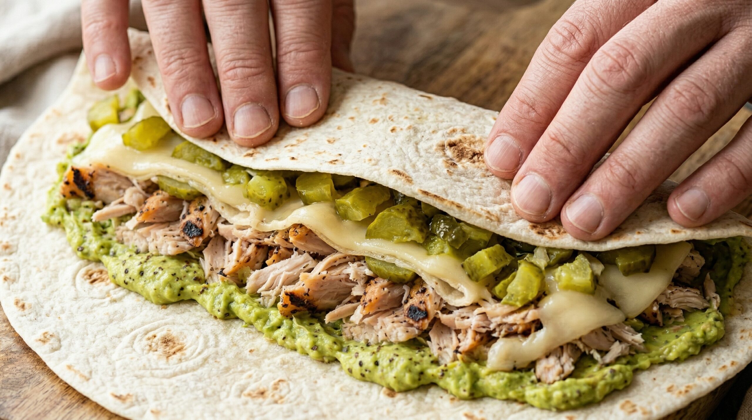 Macro detail of two hands tightly rolling a large flour tortilla filled with thick avocado cream, roasted turkey, and chopped cornichons into a dense cylinder