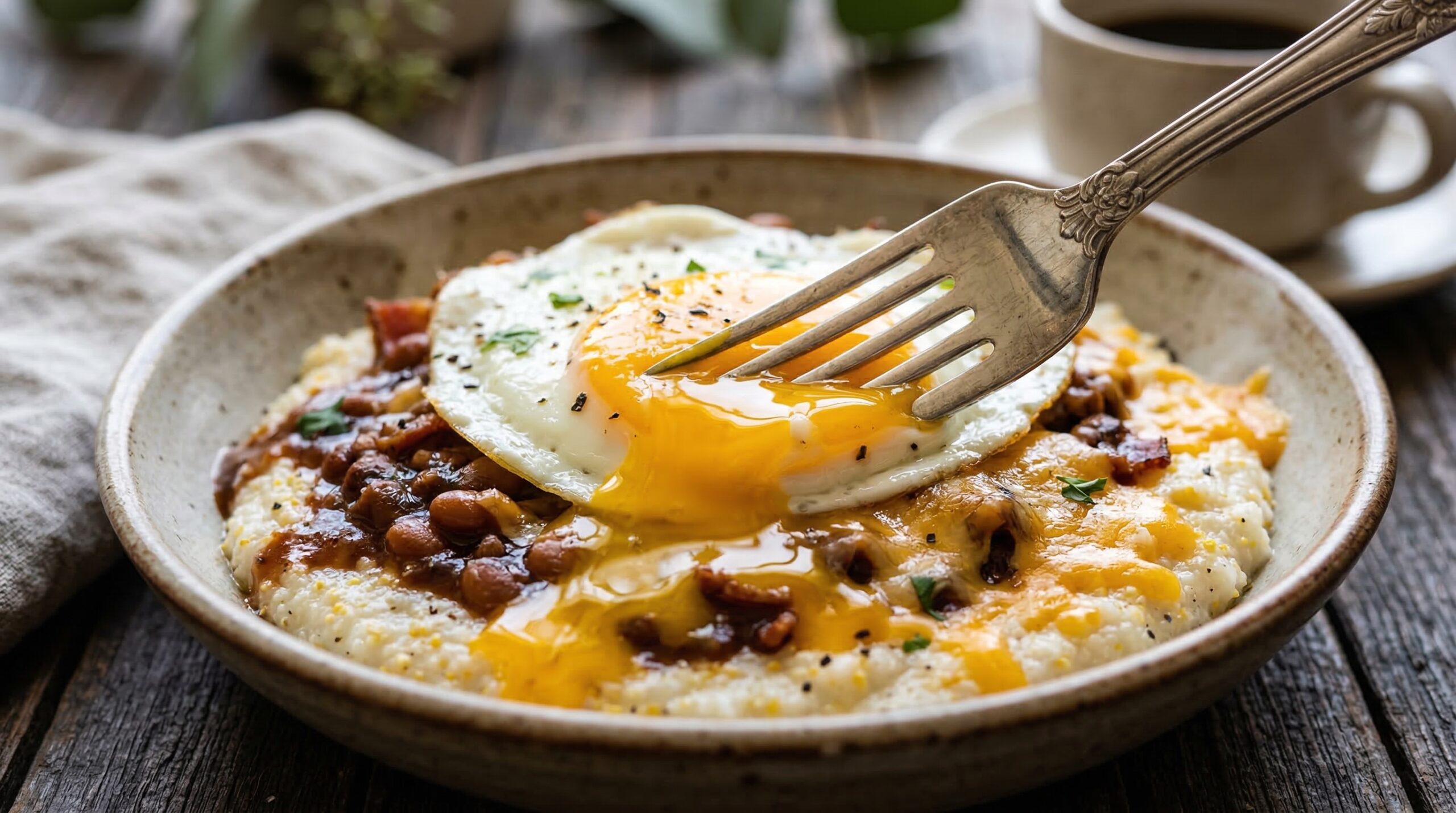 Runny sunny-side-up egg yolk over creamy stone-ground white grits and savory baked beans