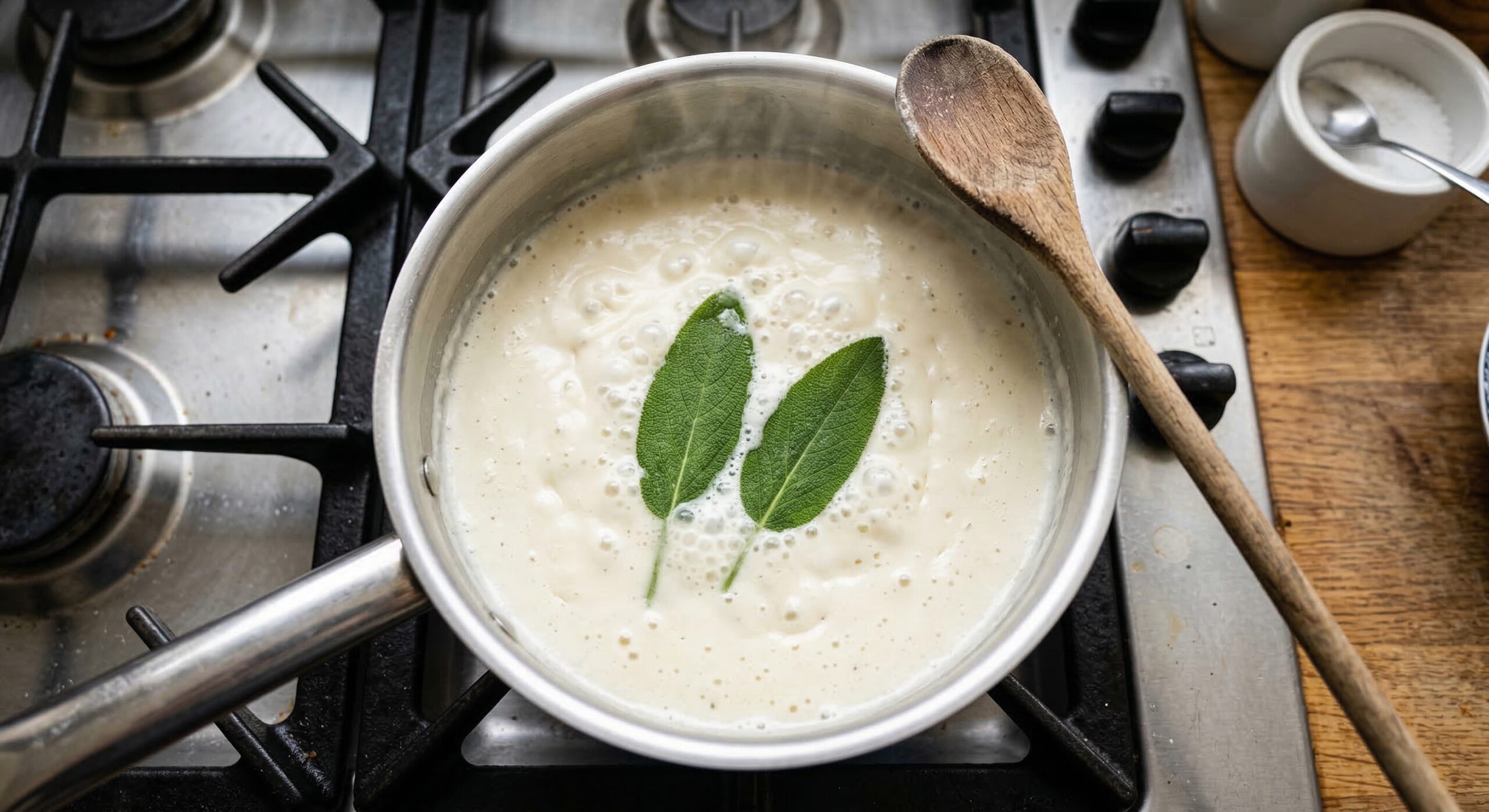 Fresh sage leaves steeping in a creamy sherry sauce in a silver saucepan