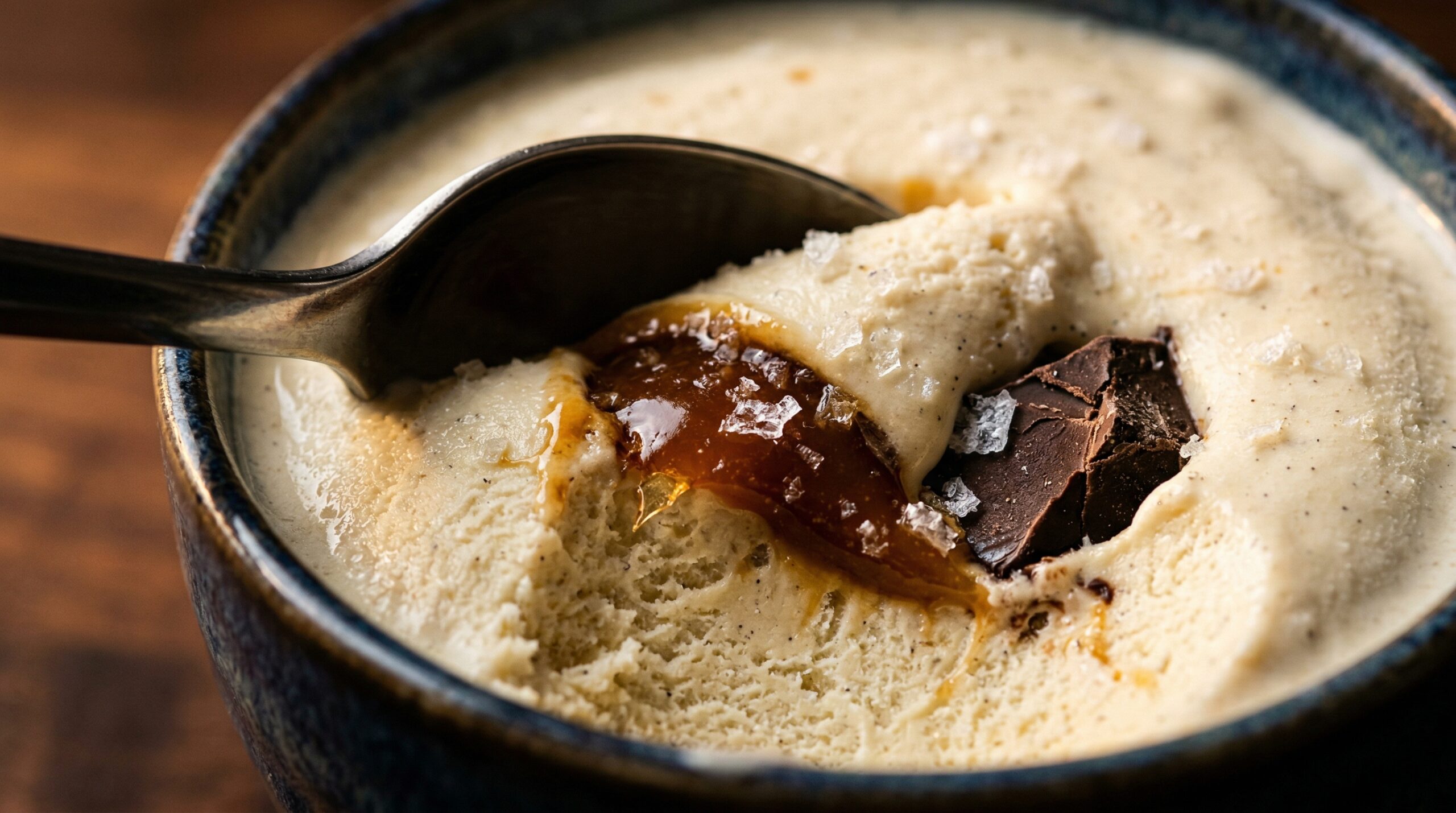 Macro detail of a silver spoon carving through salted caramel ice cream with dark chocolate chunks