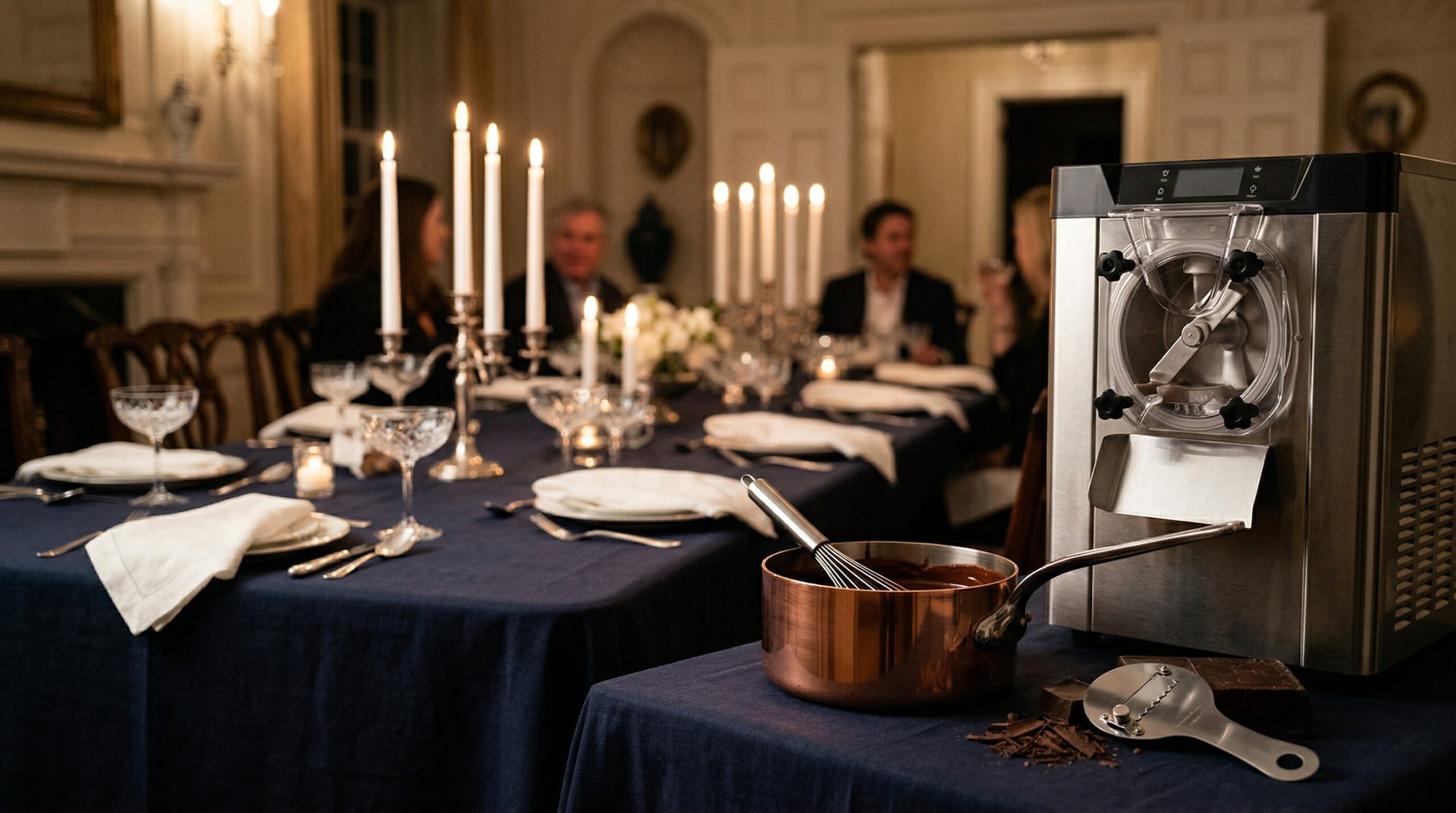 Candlelit estate dessert service for eight featuring crystal coupes of salted caramel ice cream at sunset