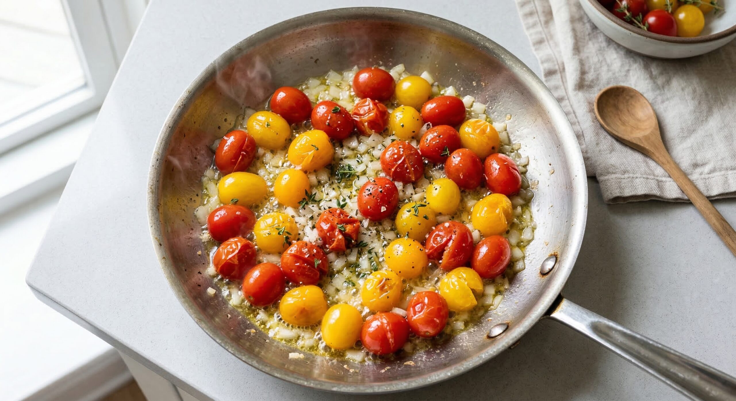 Grape tomatoes and onions sizzling in olive oil inside a professional stainless steel pan
