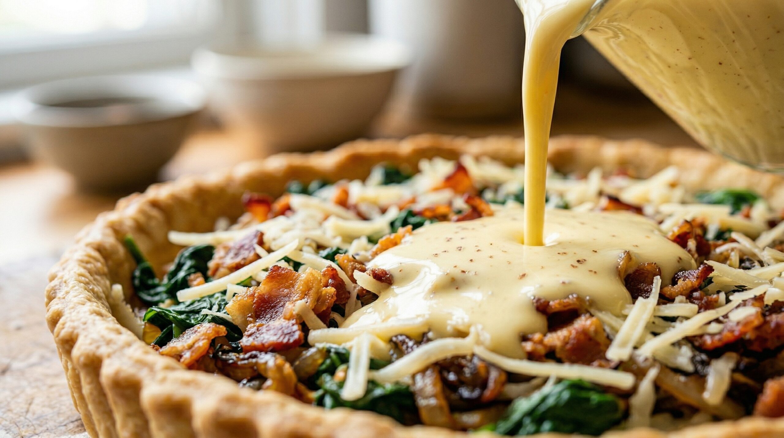 Macro detail of a smooth, pale yellow heavy cream and egg custard being poured over layered spinach, bacon, and Gruyere cheese in a fluted tart shell