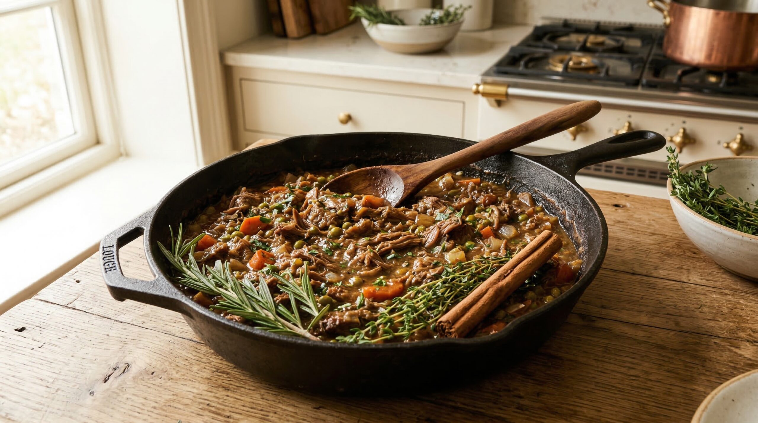 Preparing savory lamb filling in a cast-iron skillet