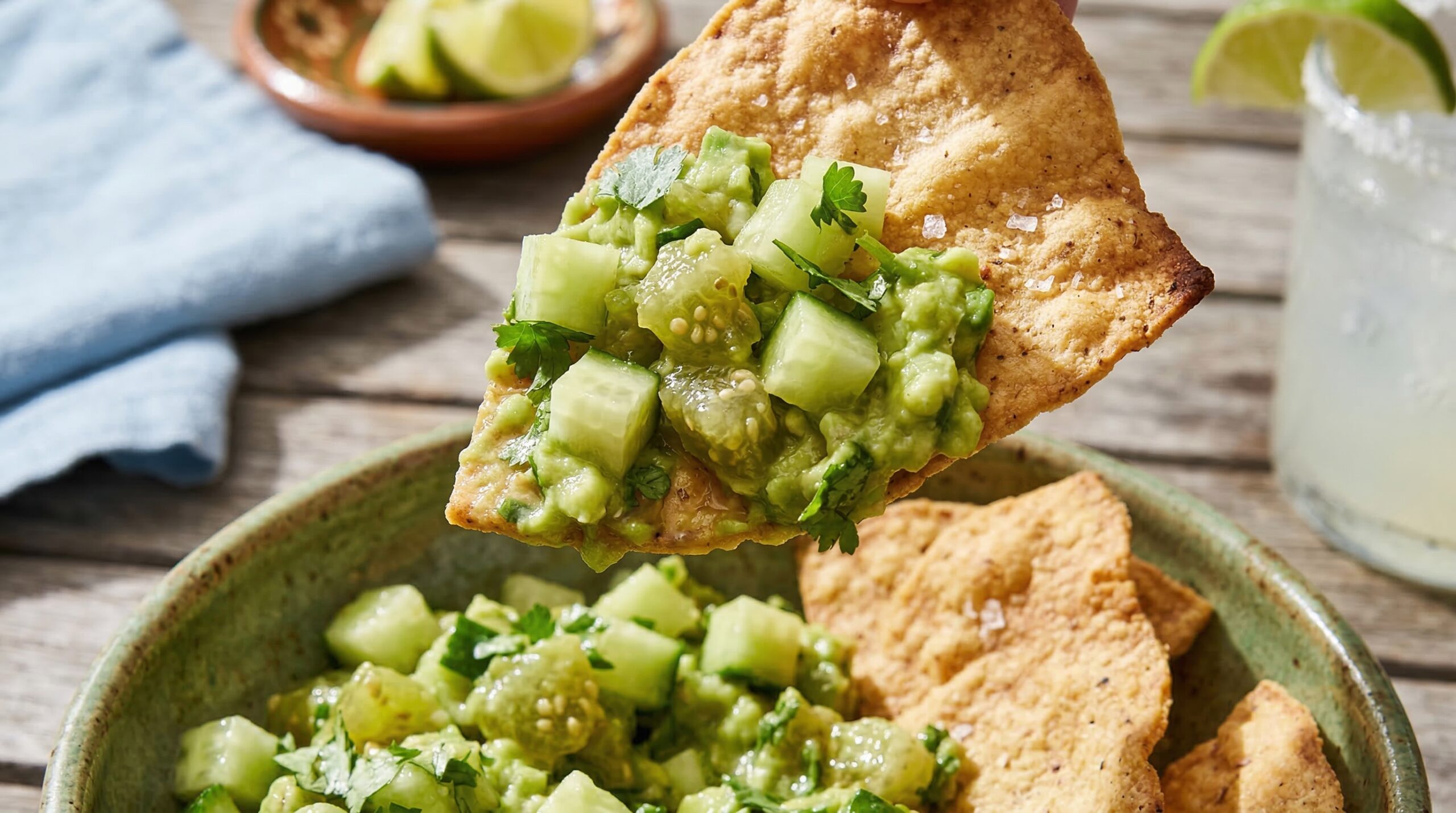 A thick rustic tortilla chip lifting a generous scoop of creamy green goddess pico de gallo
