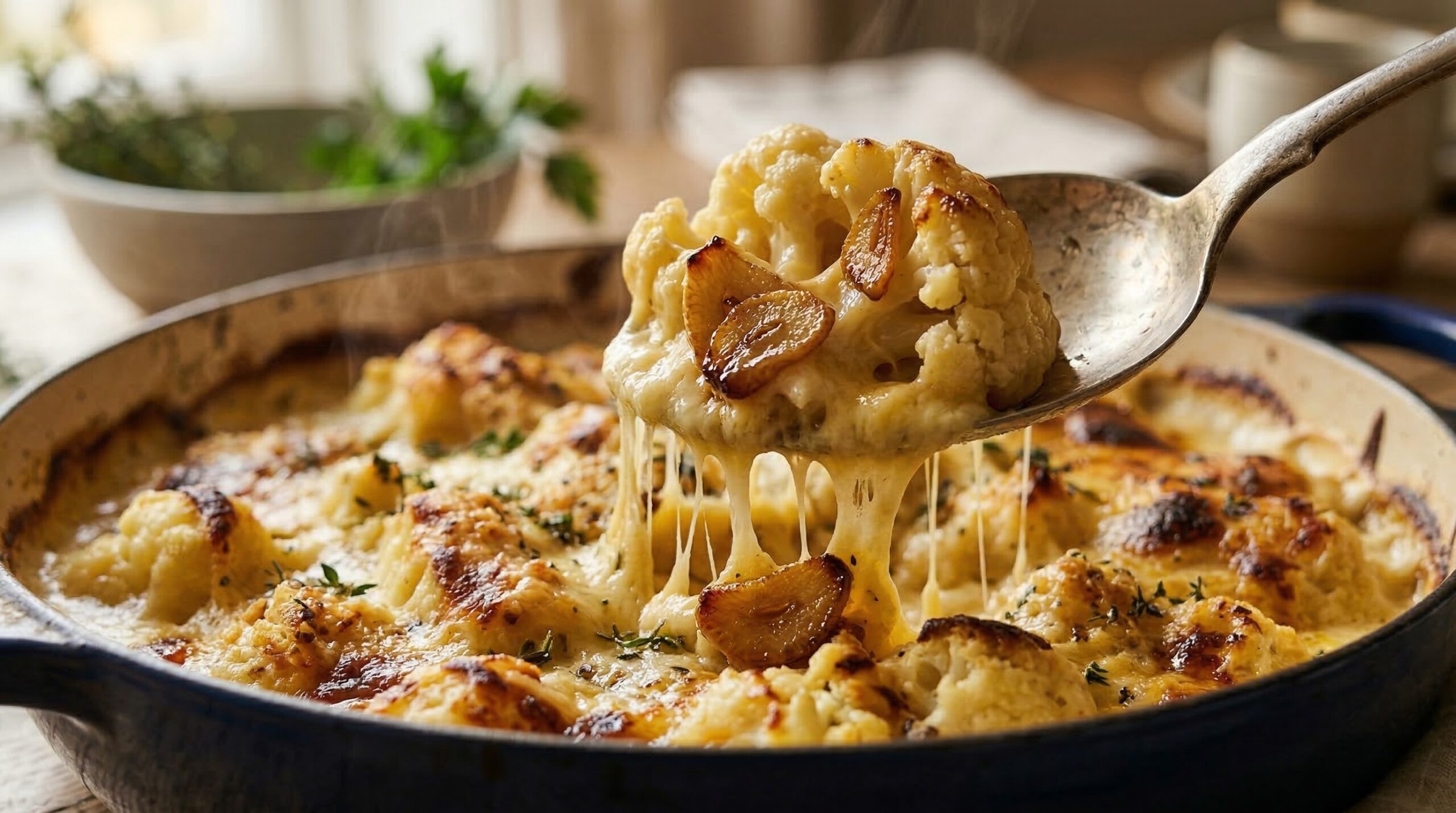 Macro detail of a silver serving spoon lifting bubbling, cheesy roasted cauliflower