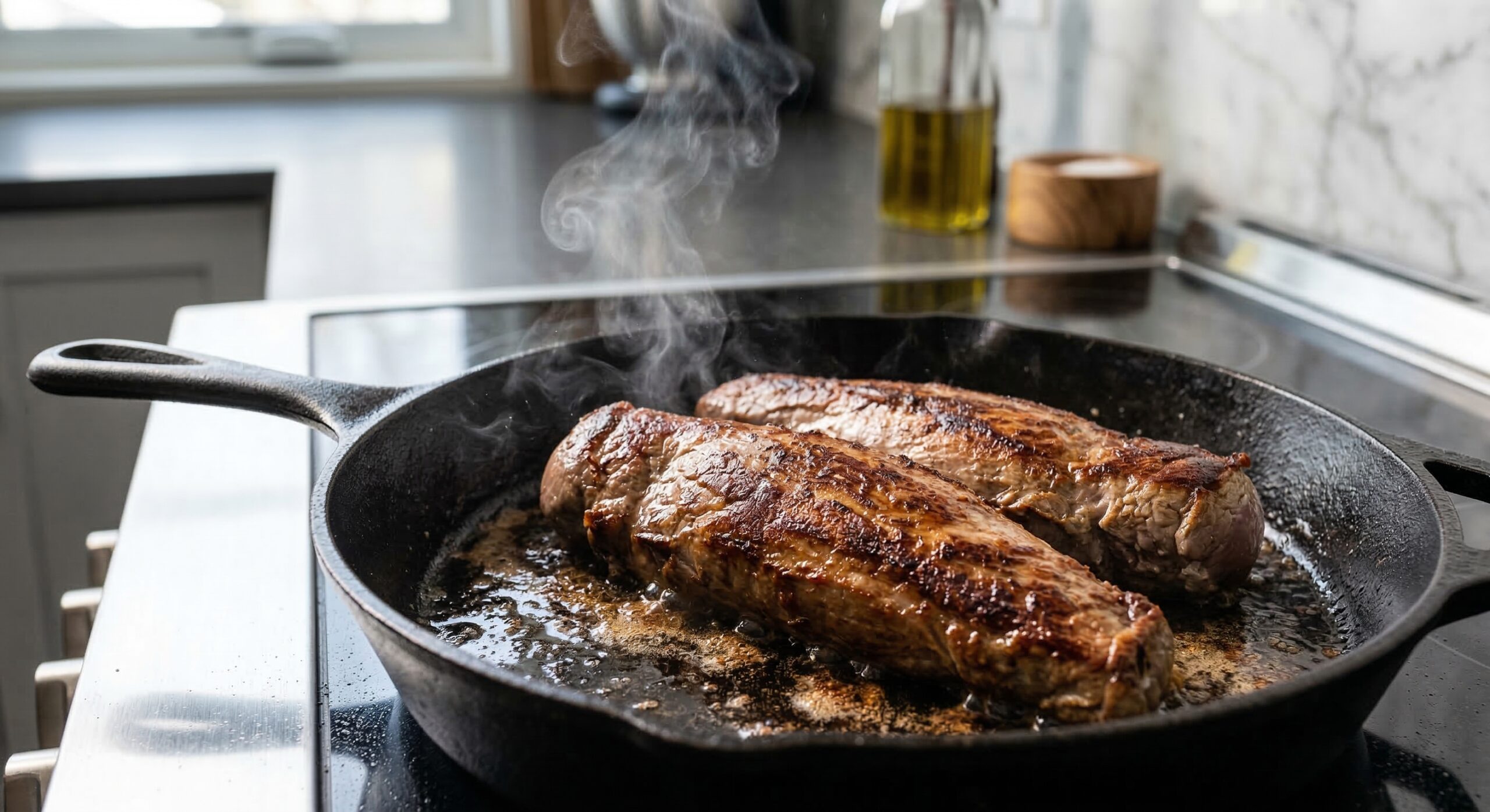 Locking in flavor with a high-heat cast-iron sear in rendered bacon fat