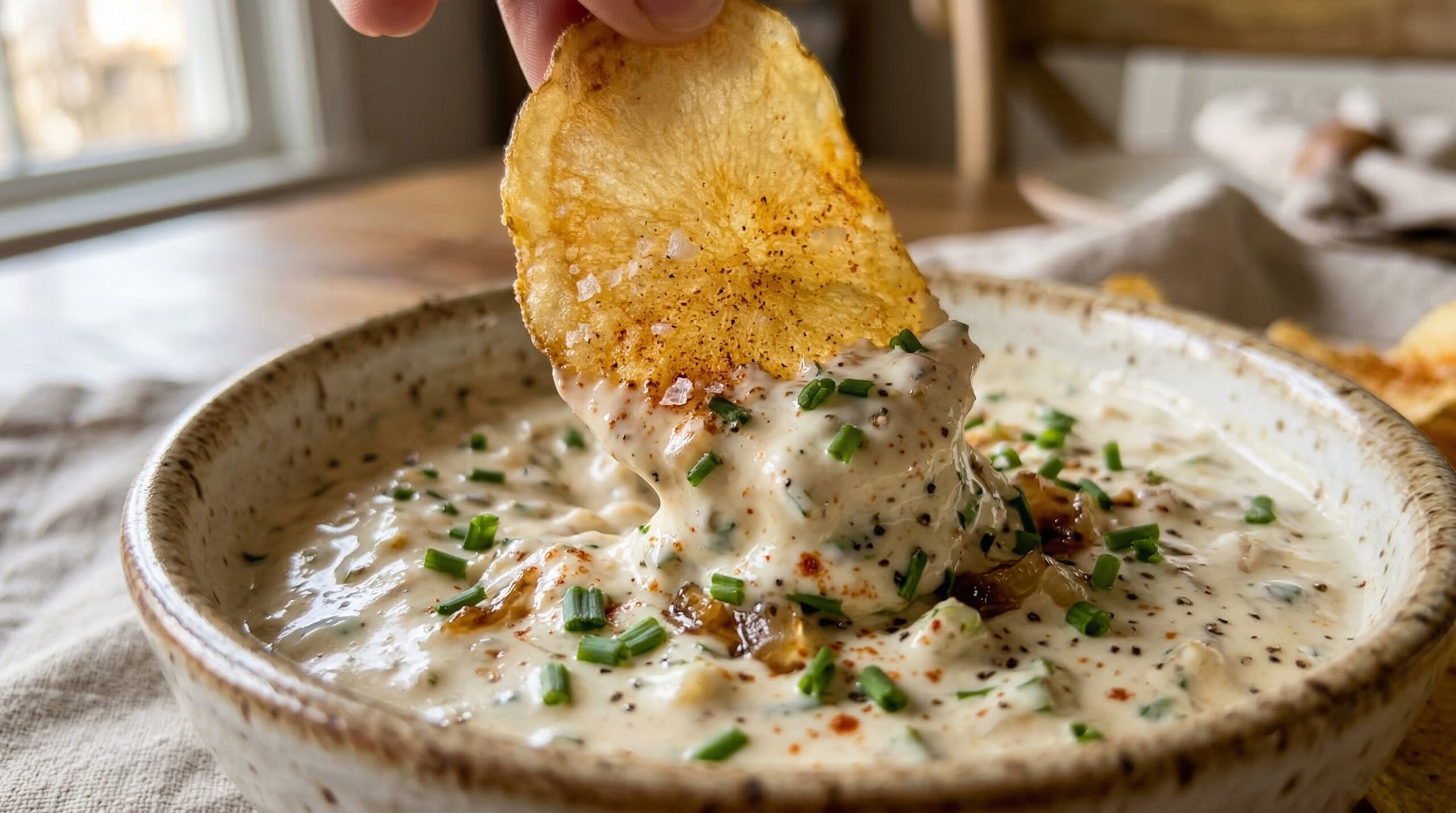 Close-up of a paper-thin, golden baked potato chip dipped in onion dip