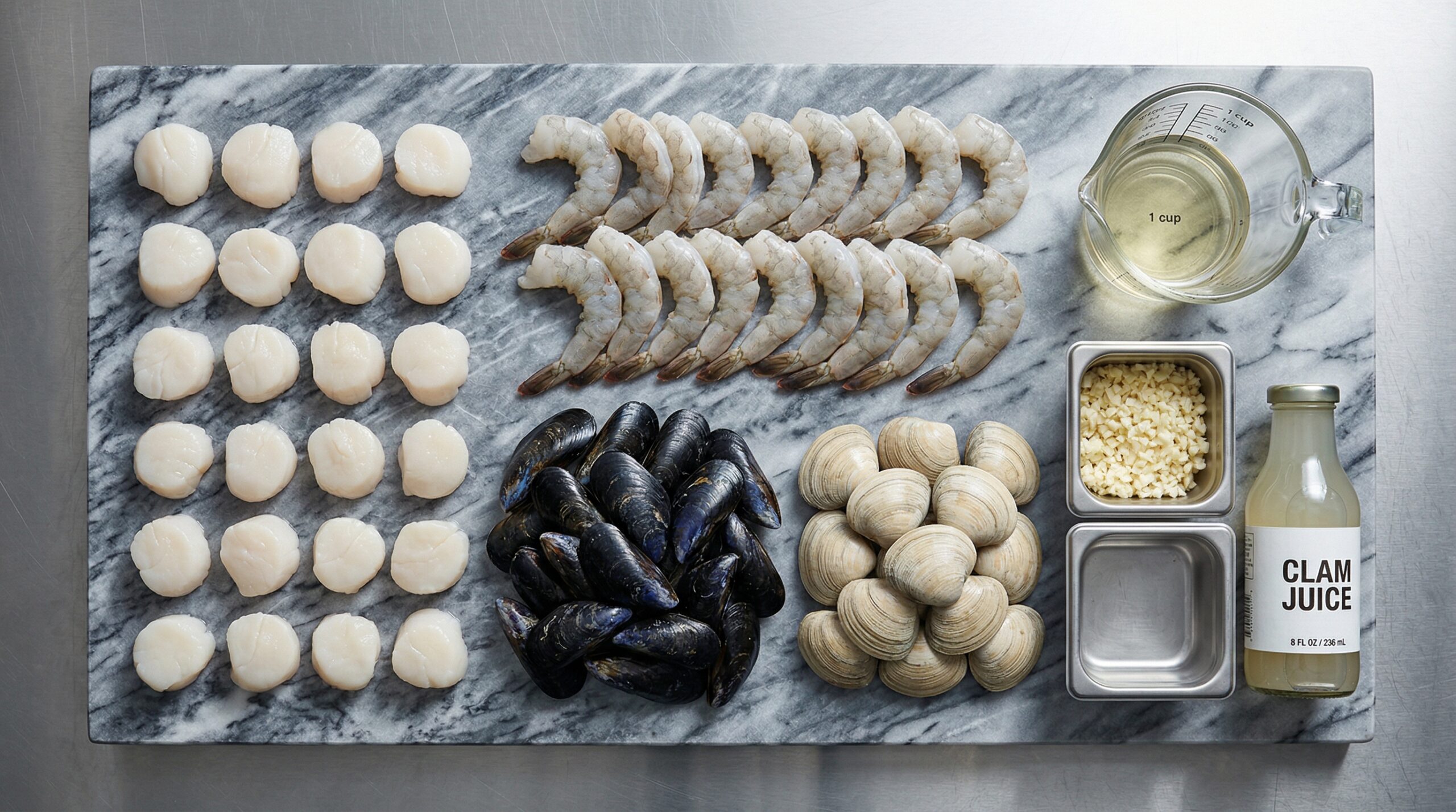 Pristine white sea scallops and large peeled shrimp resting next to a pile of scrubbed mussels and hard-shell clams on a heavy marble prep board