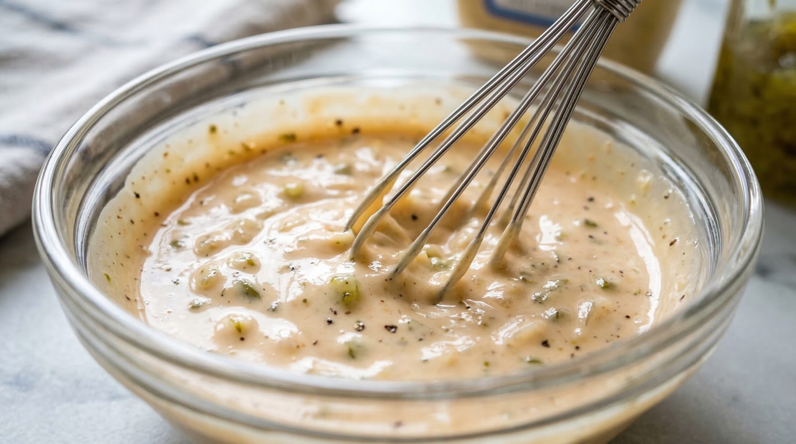 Professional stainless whisk swirling signature tangy burger sauce in a glass bowl
