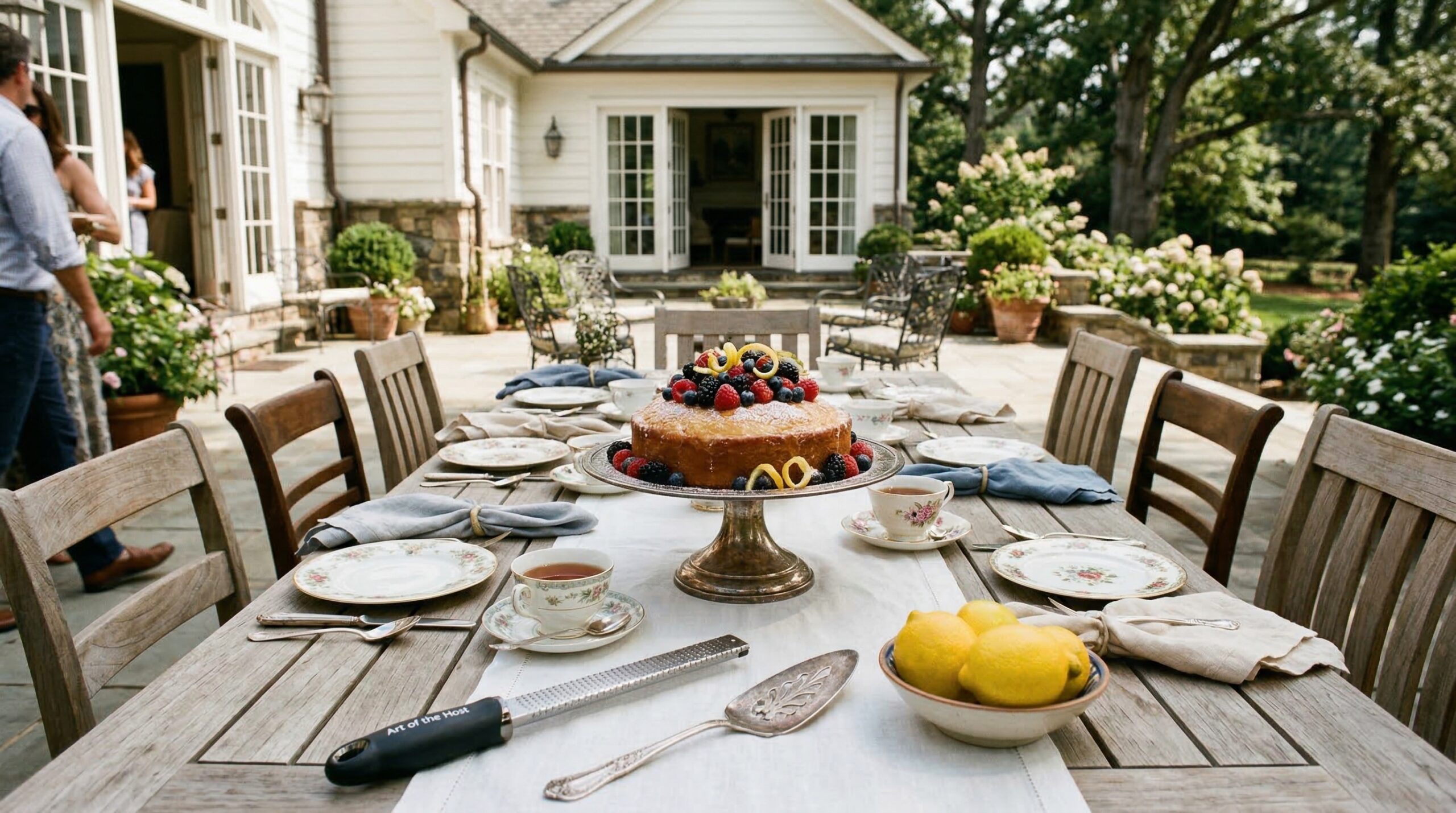 Elegant Southern afternoon tea for eight on an estate terrace featuring a berries-garnished citrus cake