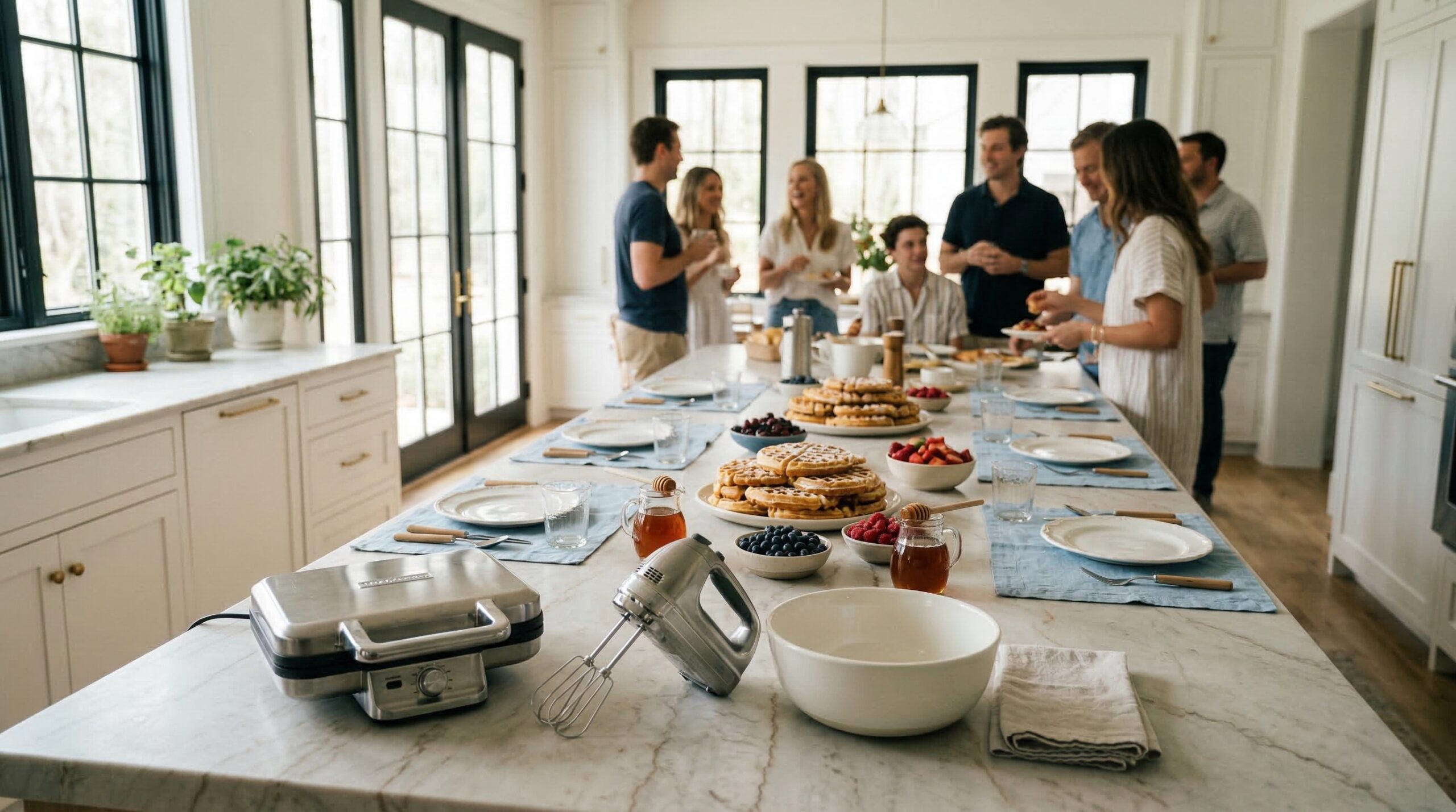 Sun-drenched estate kitchen brunch bar for eight featuring crispy waffles and fresh morning light