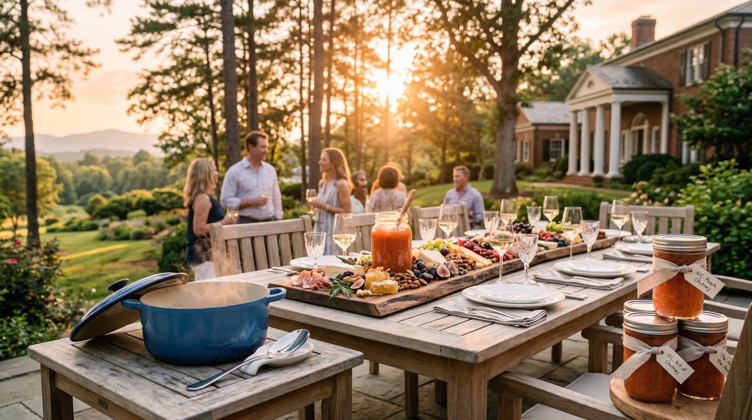 Golden hour Southern estate terrace featuring a cheese and chutney board for eight